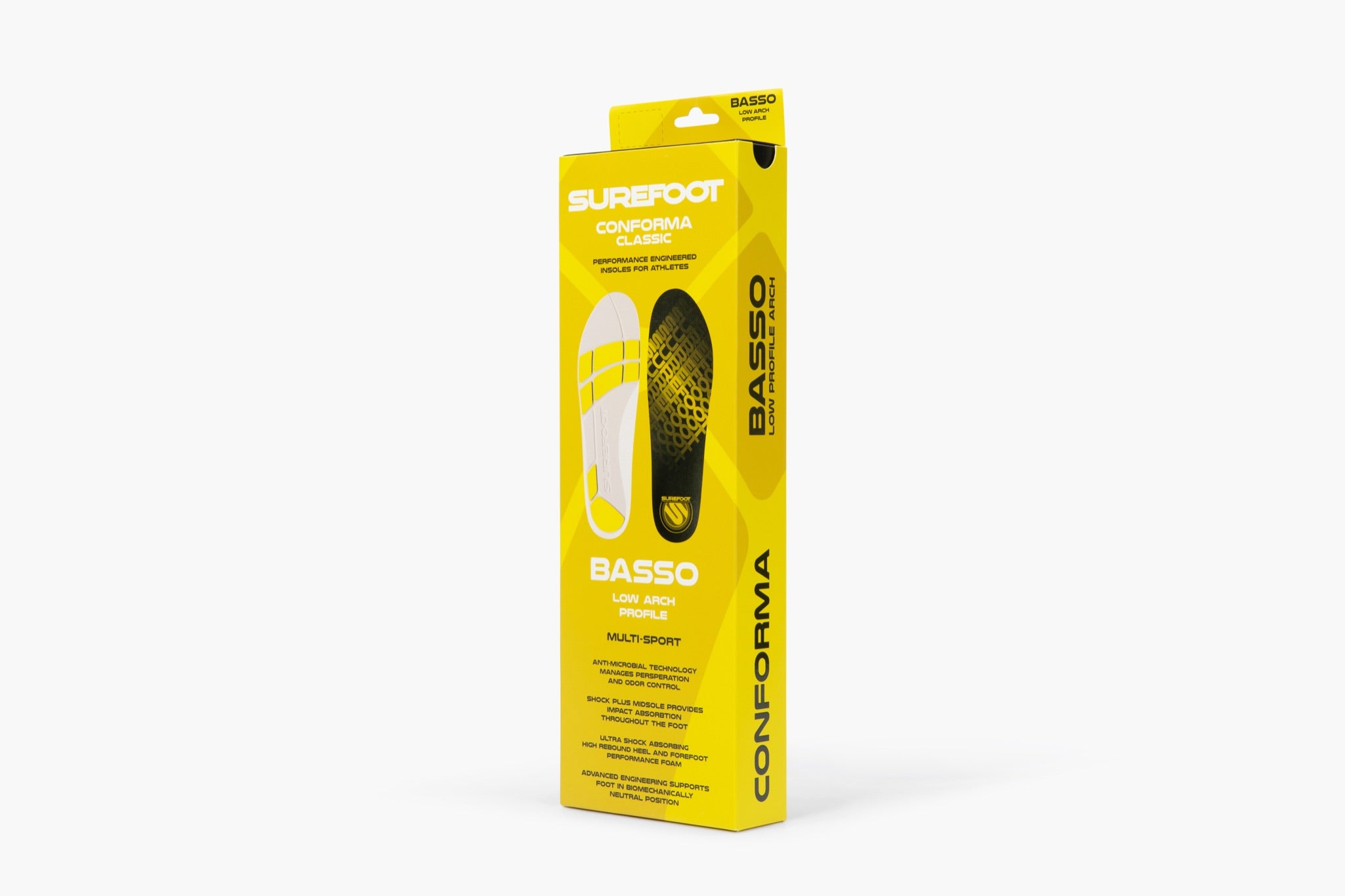 the box of the insoles is bright yellow and has descriptive text on it