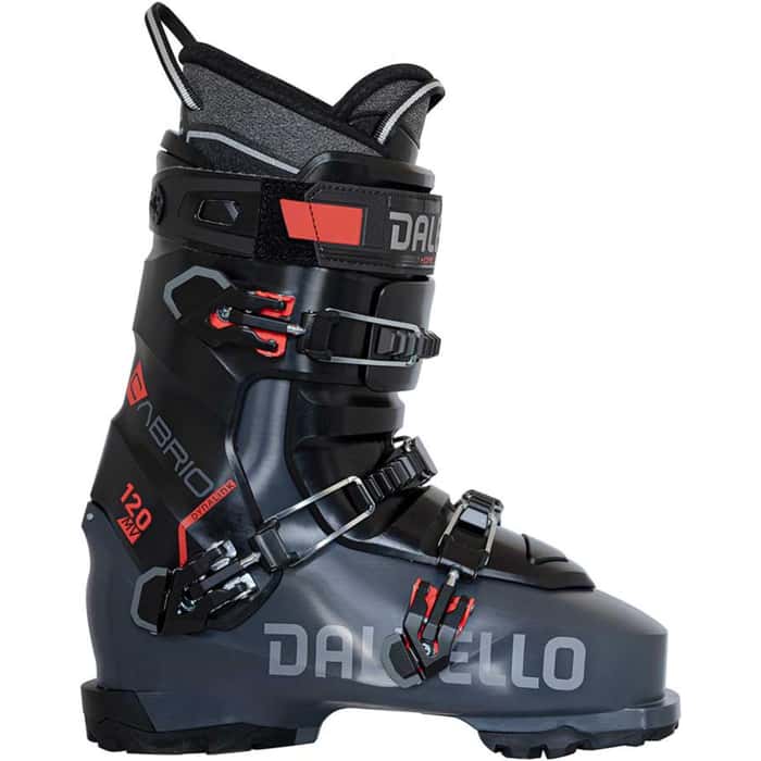 Gray and black ski boot with red accents on a white background