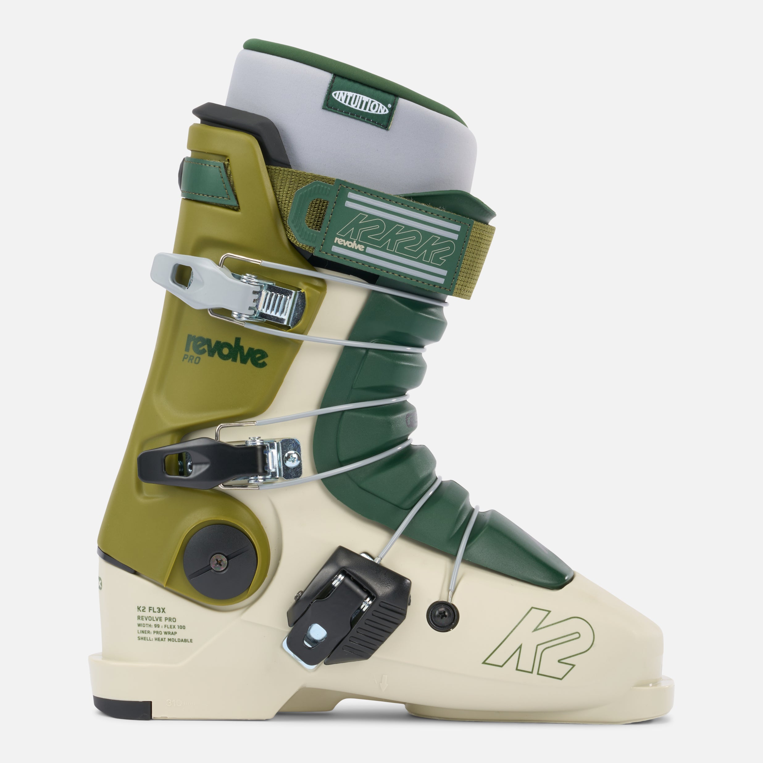 Men's K2 Revolve Pro ski boot in 2 shades of green and tan with black and silver buckles.