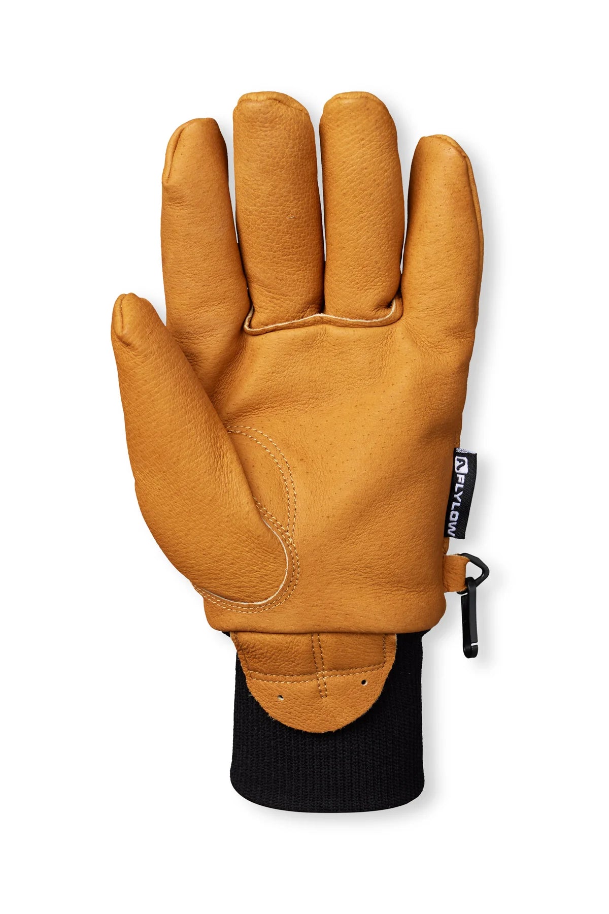 The palm of a natural colored leather glove with black cuff on a white background