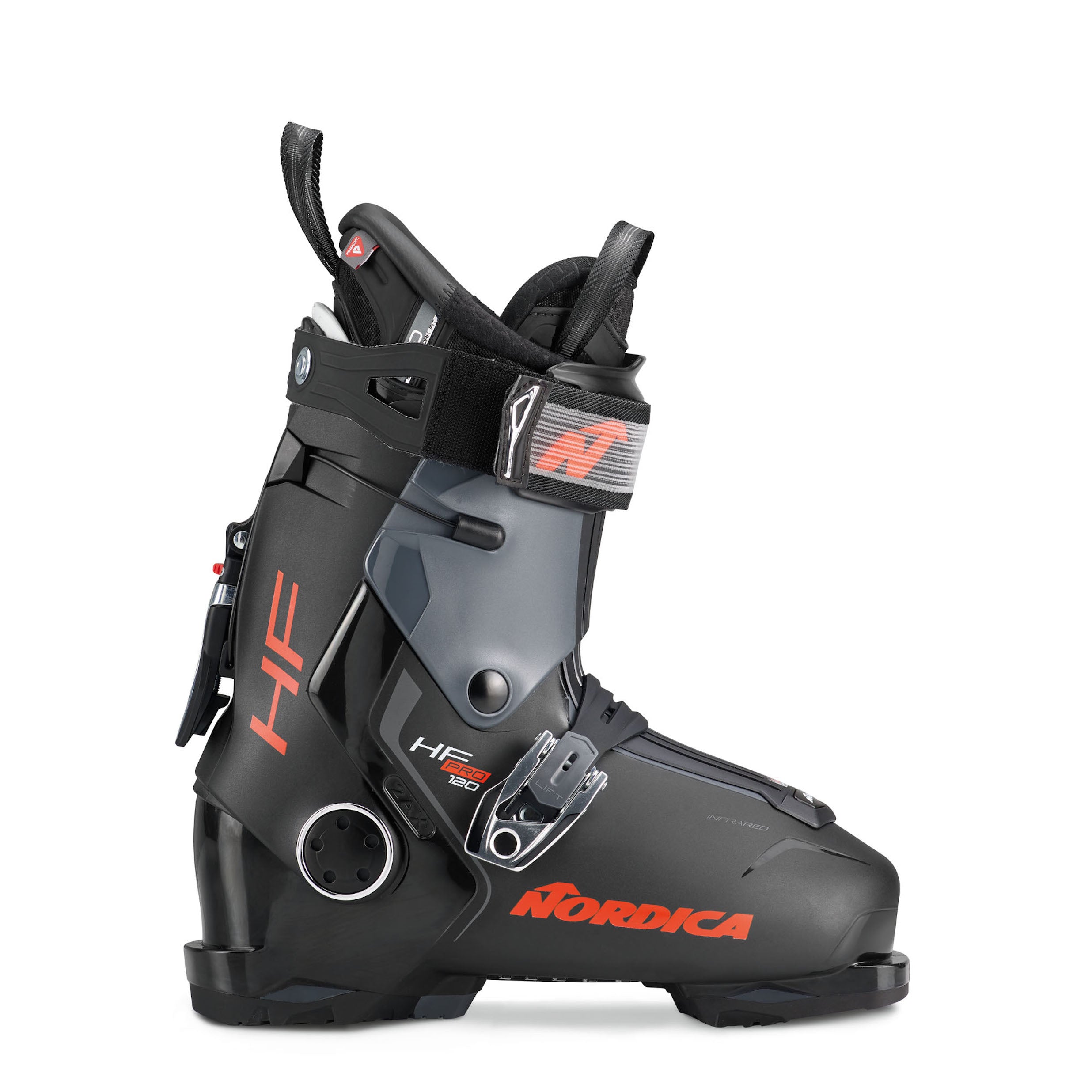 Men's Nordica HF Pro 120 ski boot, black and grey with red accents. 2 buckles.