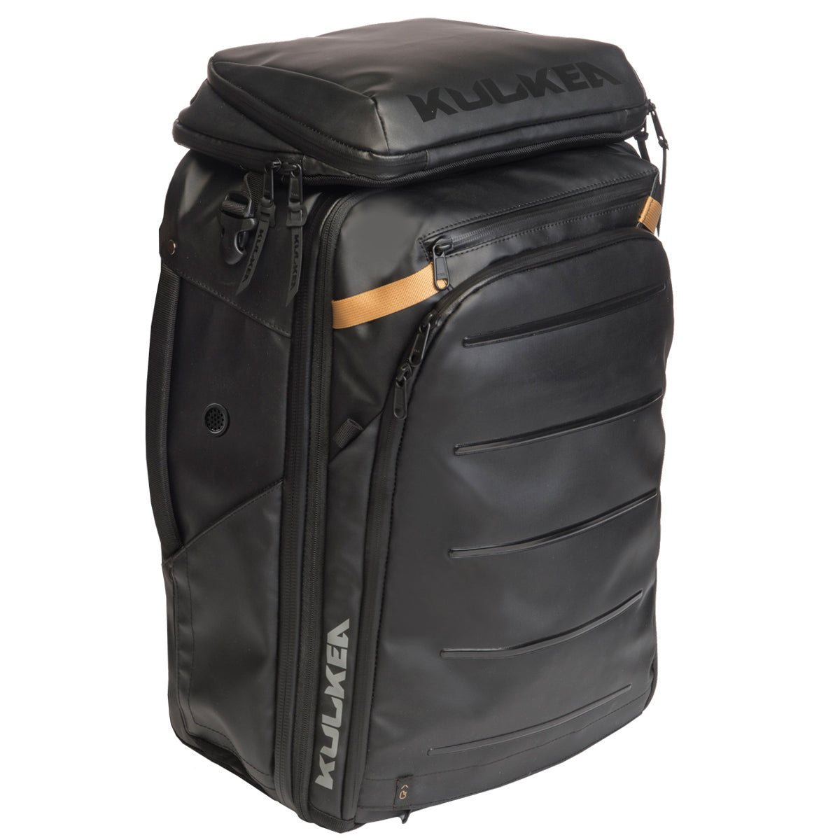Kulkea travel backpack, all black with tons of compartments. Shoulder straps. Fits ski boots, laptop, and more.