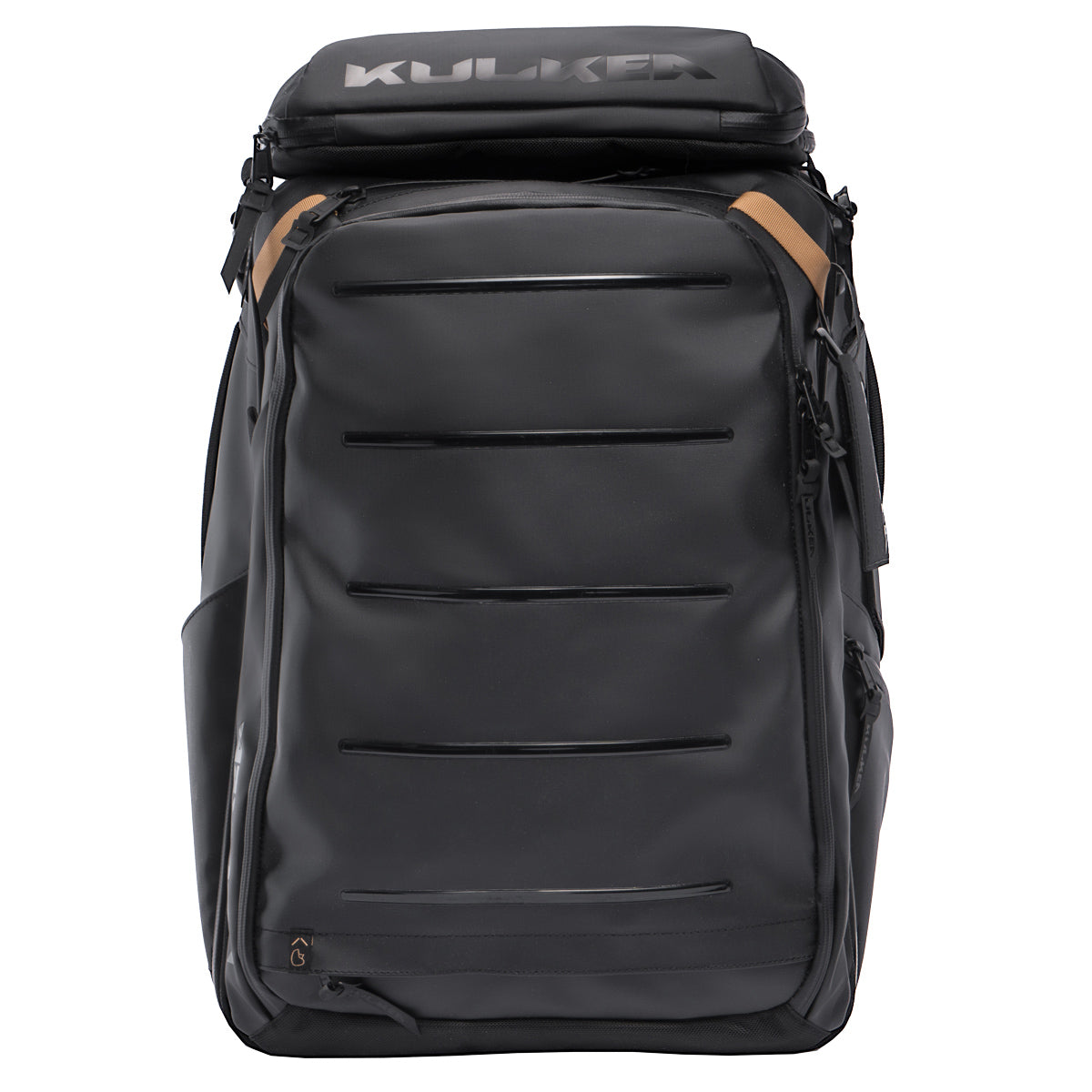 Kulkea travel backpack, all black with tons of compartments. Shoulder straps. Fits ski boots, laptop, and more.