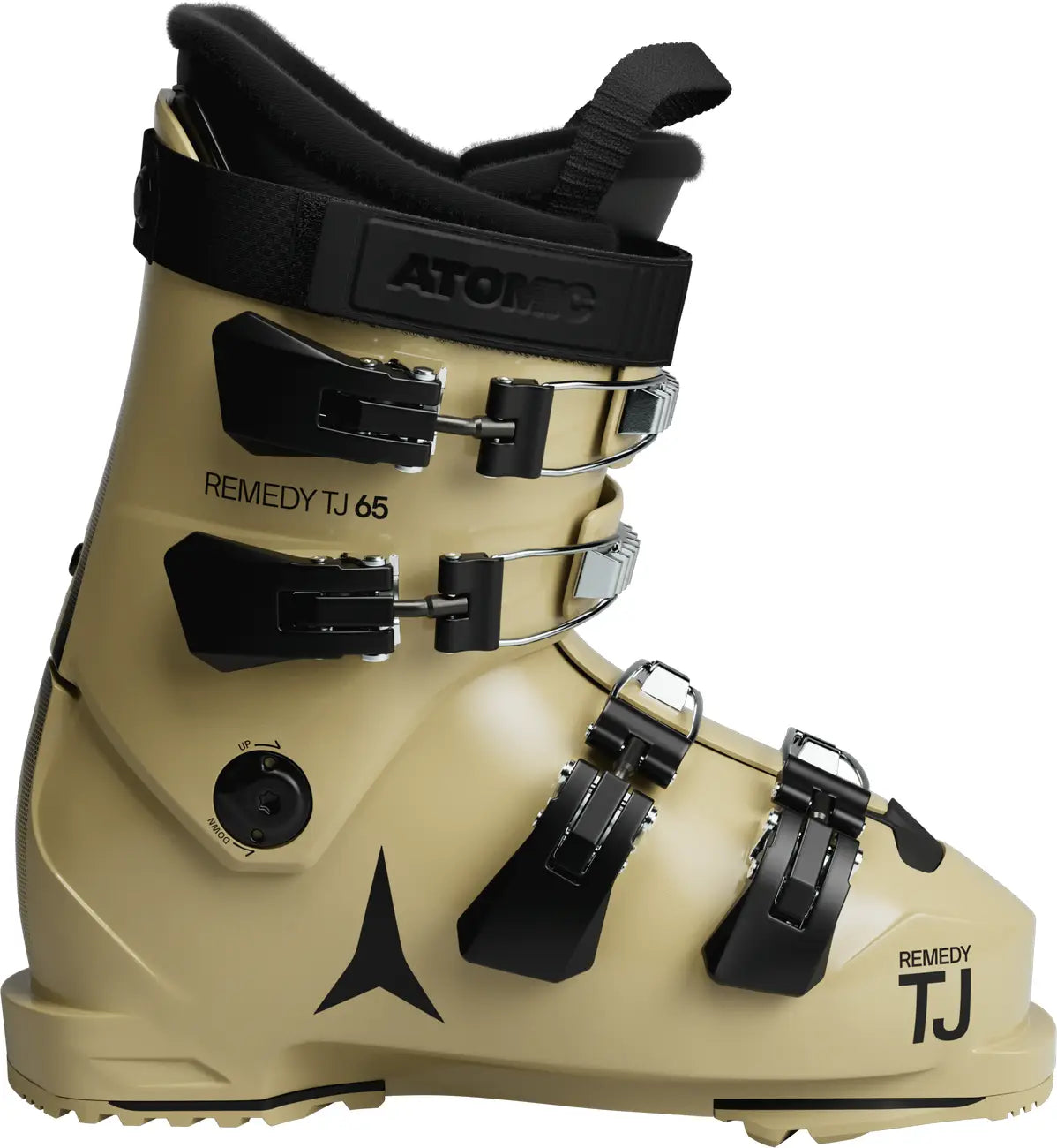 Beige ski boot with black straps and Atomic branding on a white background