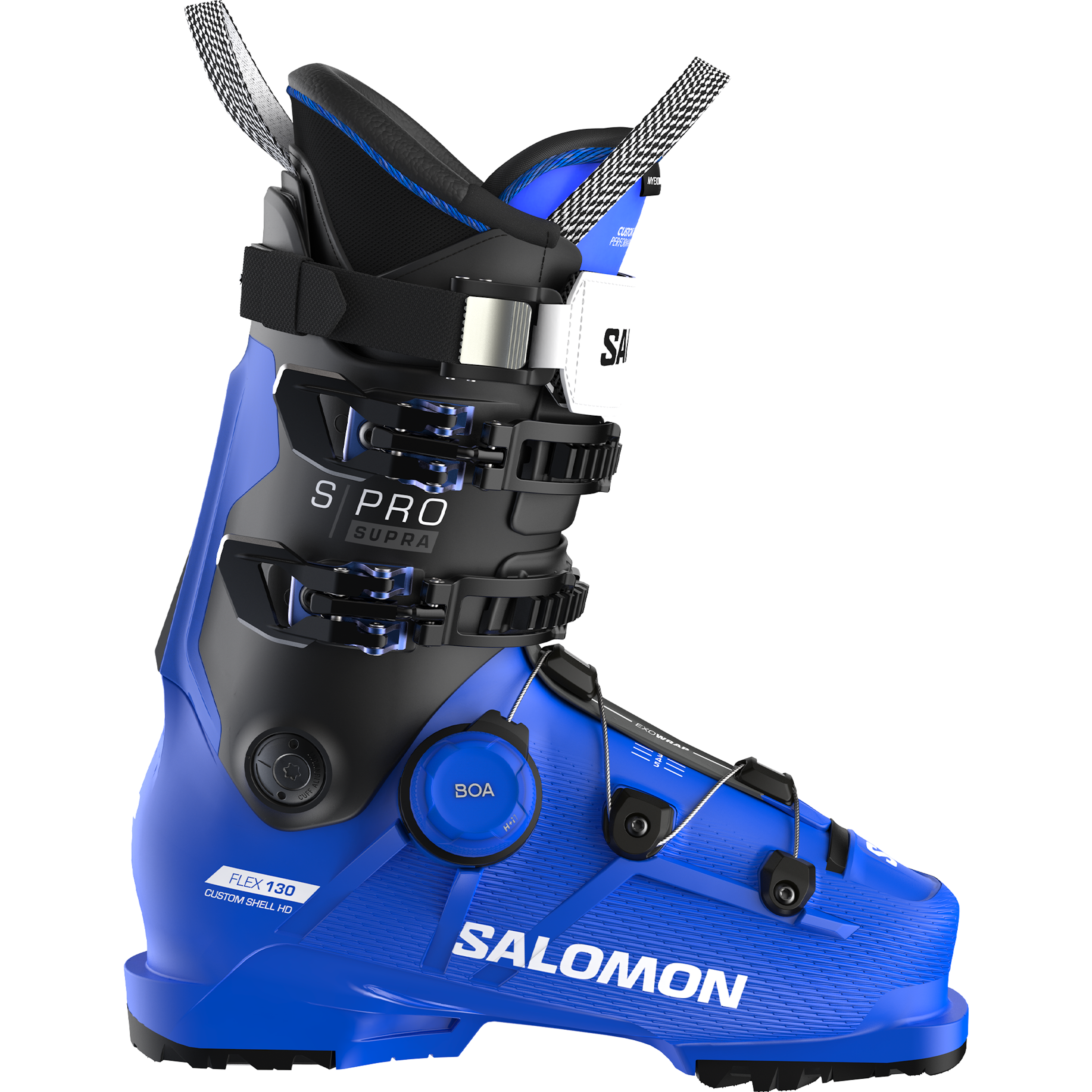 Men's Salomon S/Pro Supra BOA 130 ski boot, mostly blue with black on top cuff. New BOA closure system.