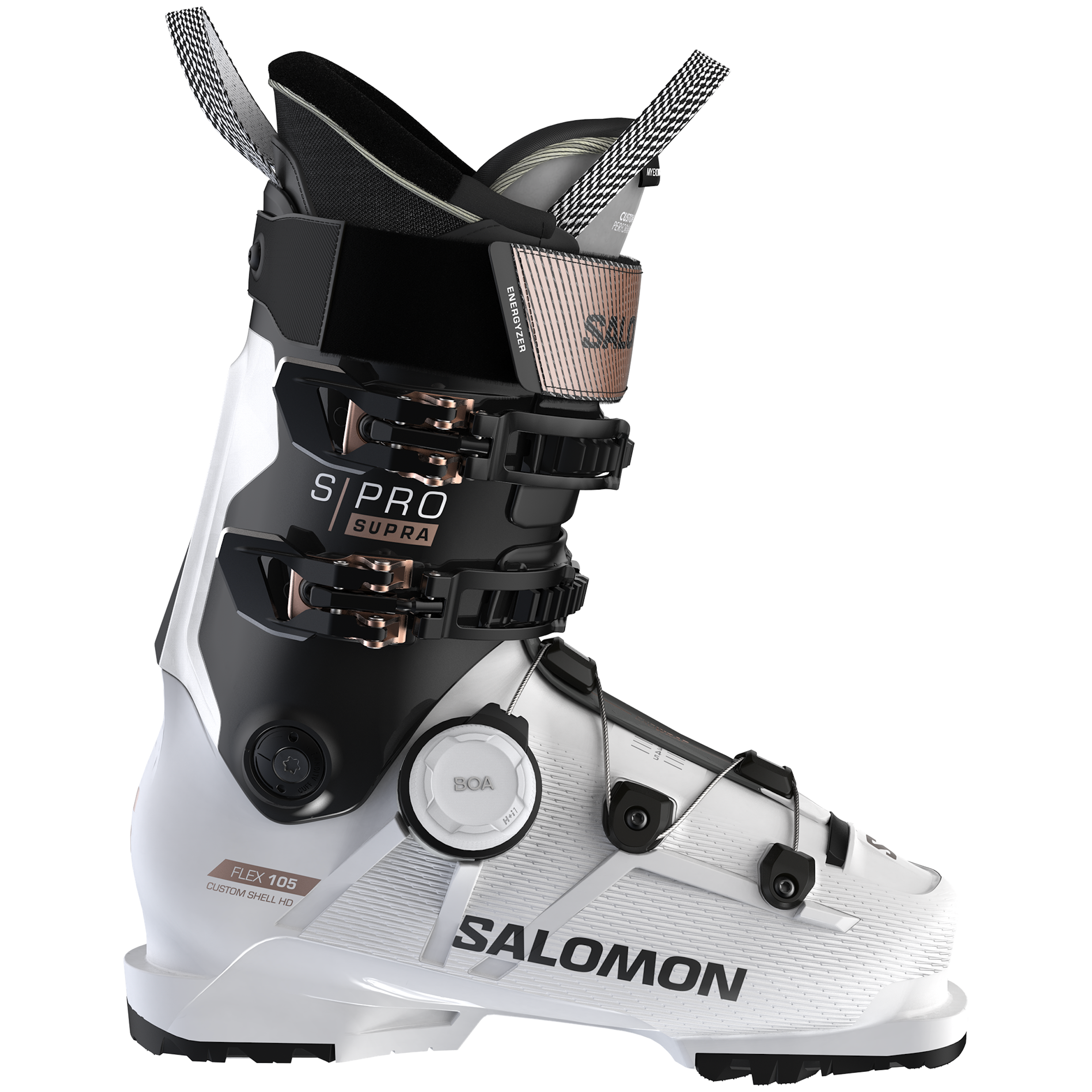 Women's Salomon S/PRO Supra BOA 105 White ski boot with black and rose gold accents. BOA closure system on bottom cuff.