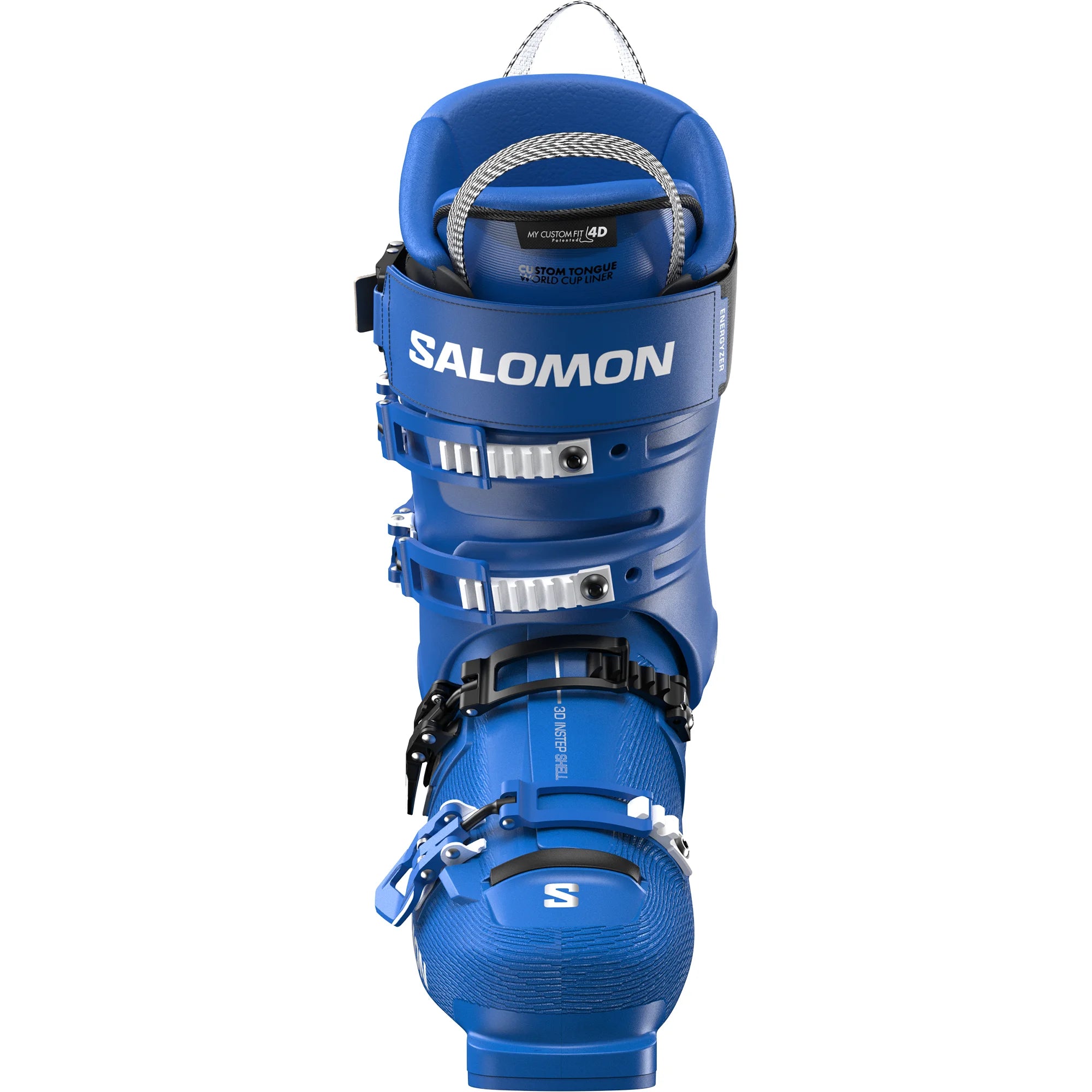 This Salomon ski boot is almost all blue except for a black buckle over the instep.