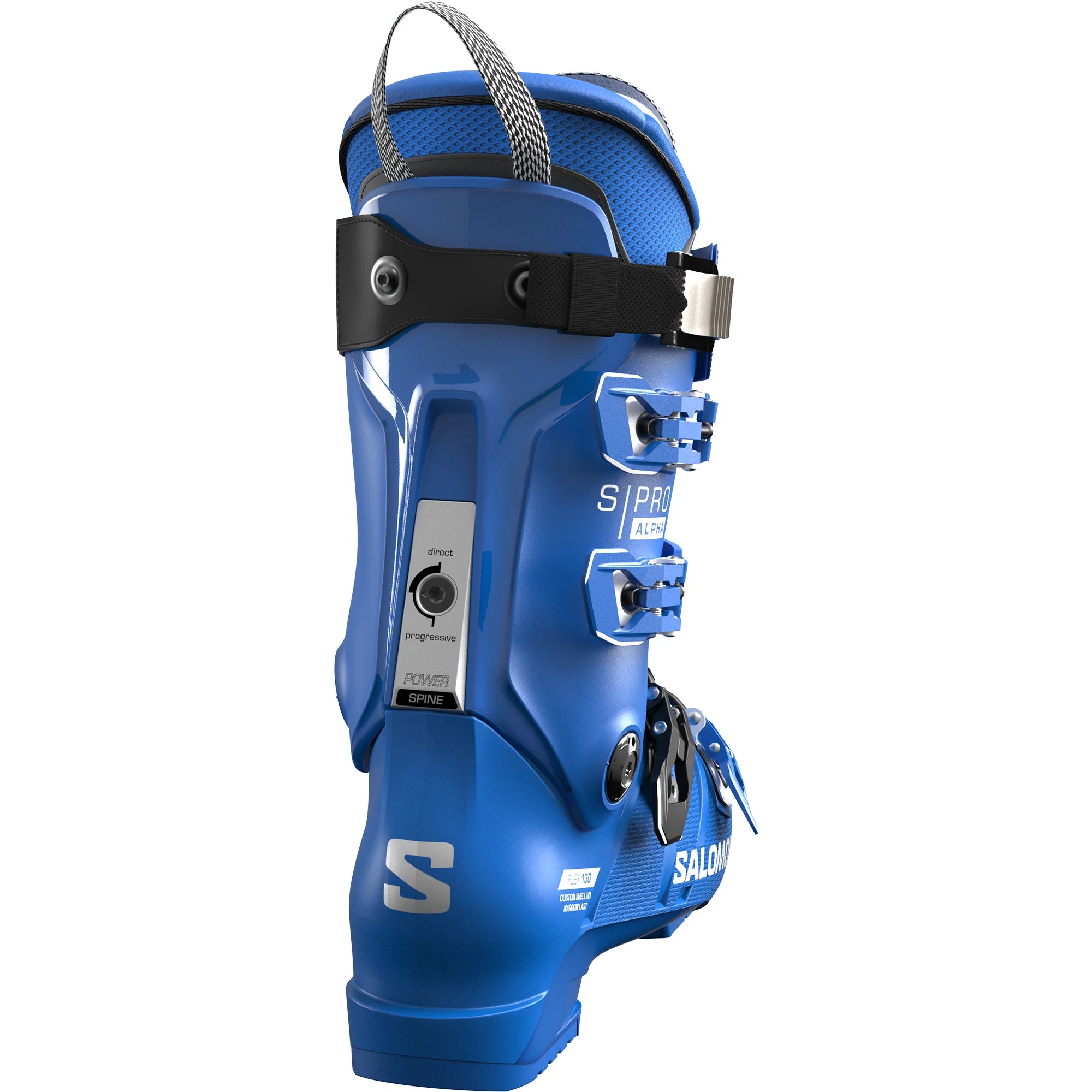 The spine of a blue Salomon ski boot with visible branding on a white background.