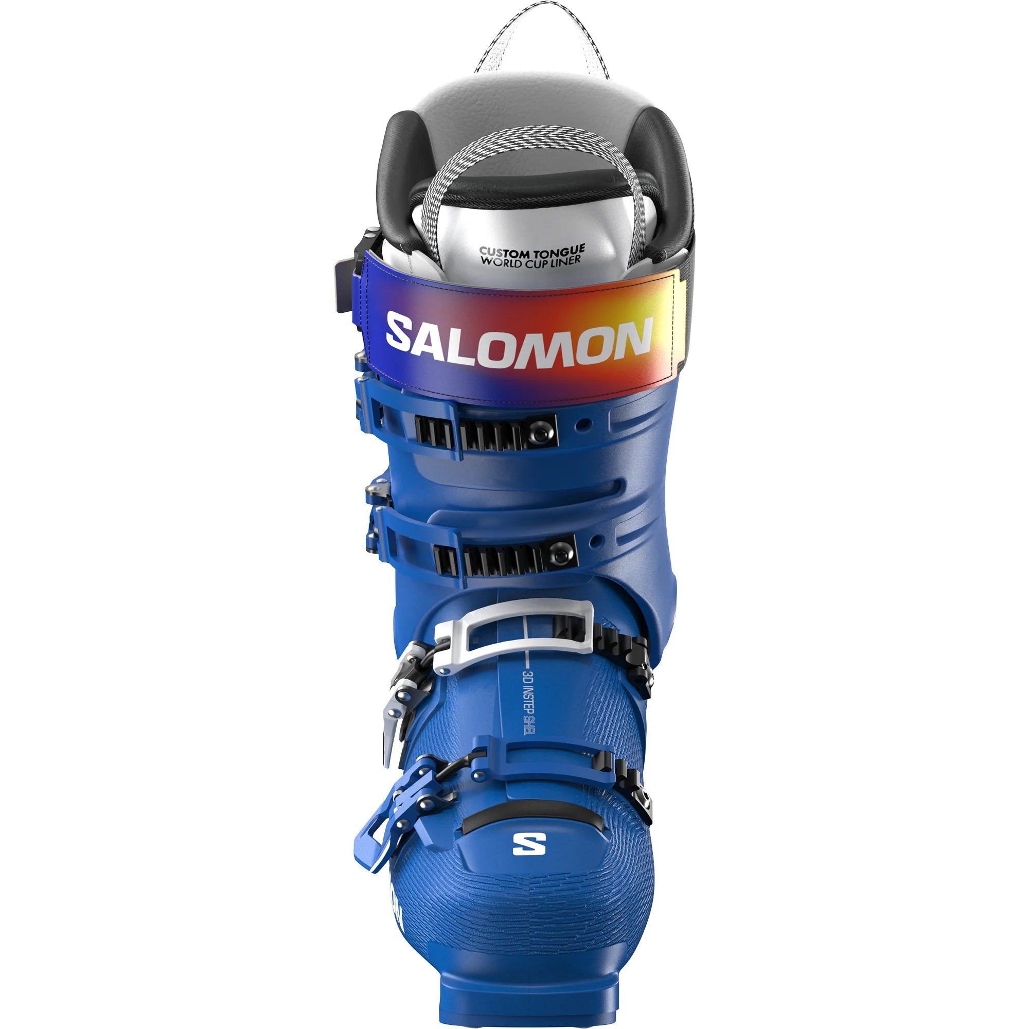 Blue Salomon ski boot with 3 blue buckles, 1 silver buckle and a multicolored power strap.