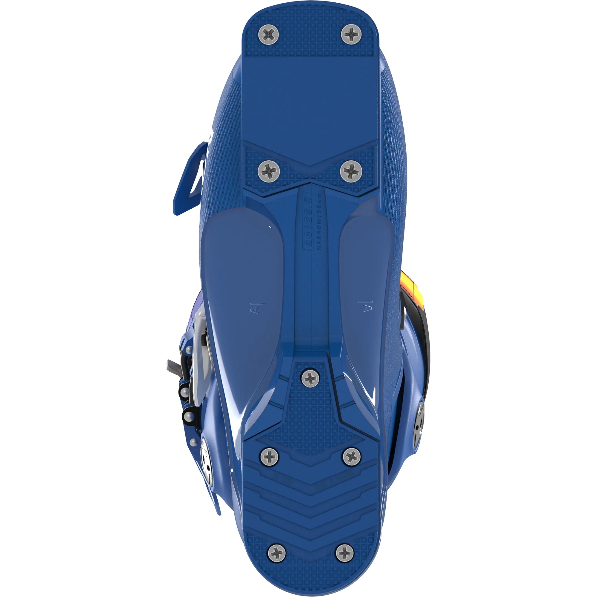Close-up of a blue Salomon ski boot with visible branding on a white background.