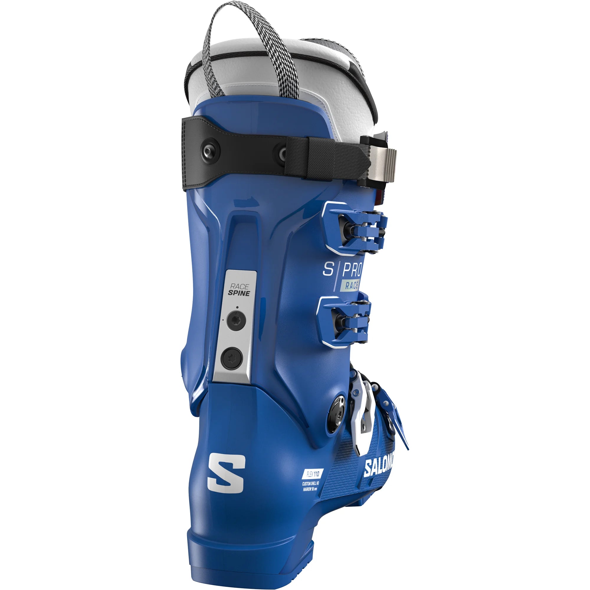 Blue ski boot with visible brand logo on a white background.