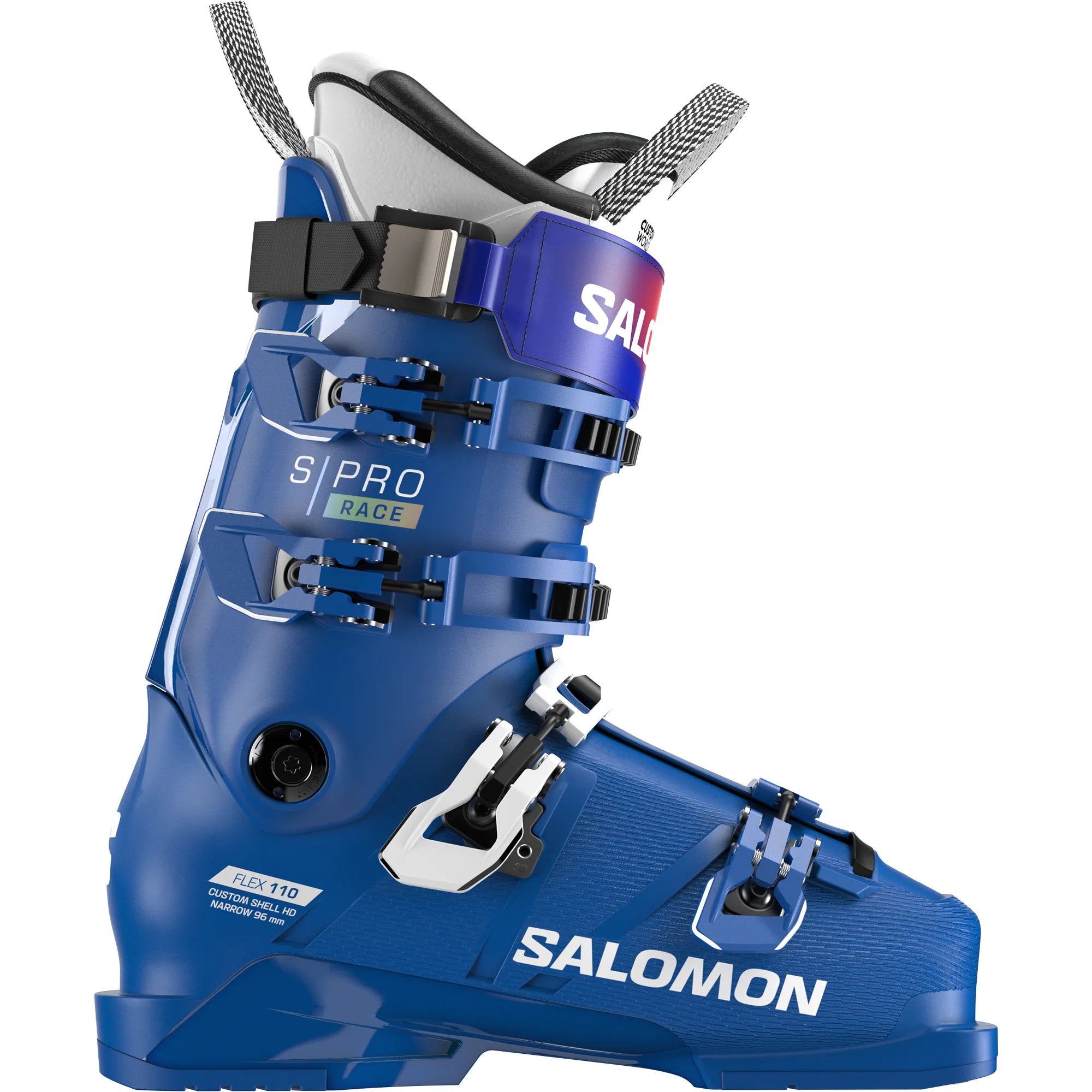 Blue Salomon narrow fitting race ski boot on a white background.