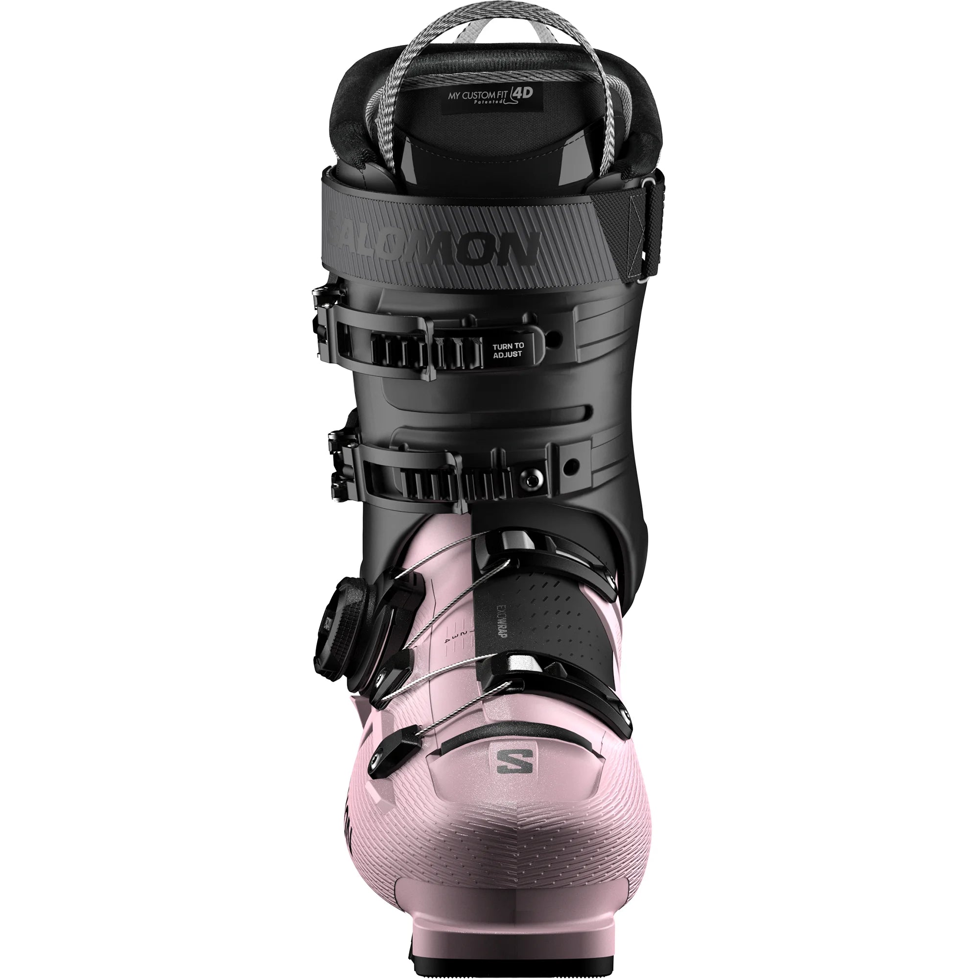 Pink and black ski boot with ALPINA branding on a white background