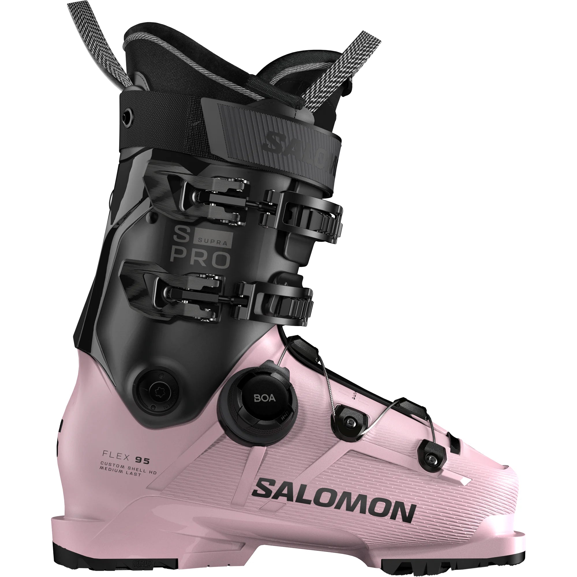 Pink and black Women's Salomon ski boot on a white background.