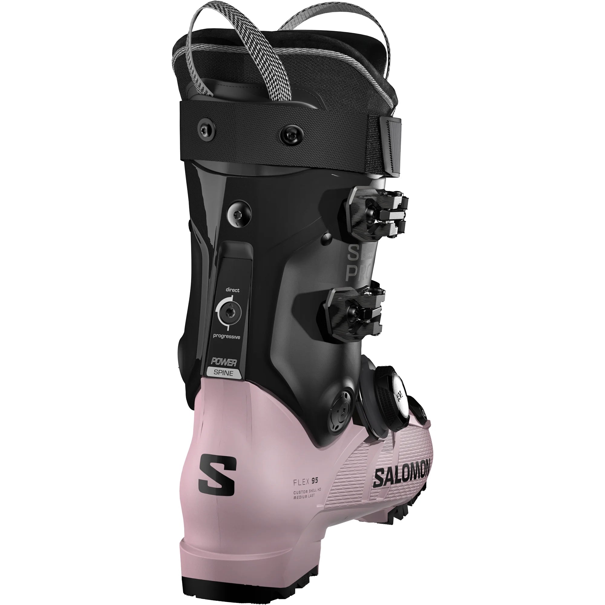 Salomon ski boot with black and pink design on a white background.