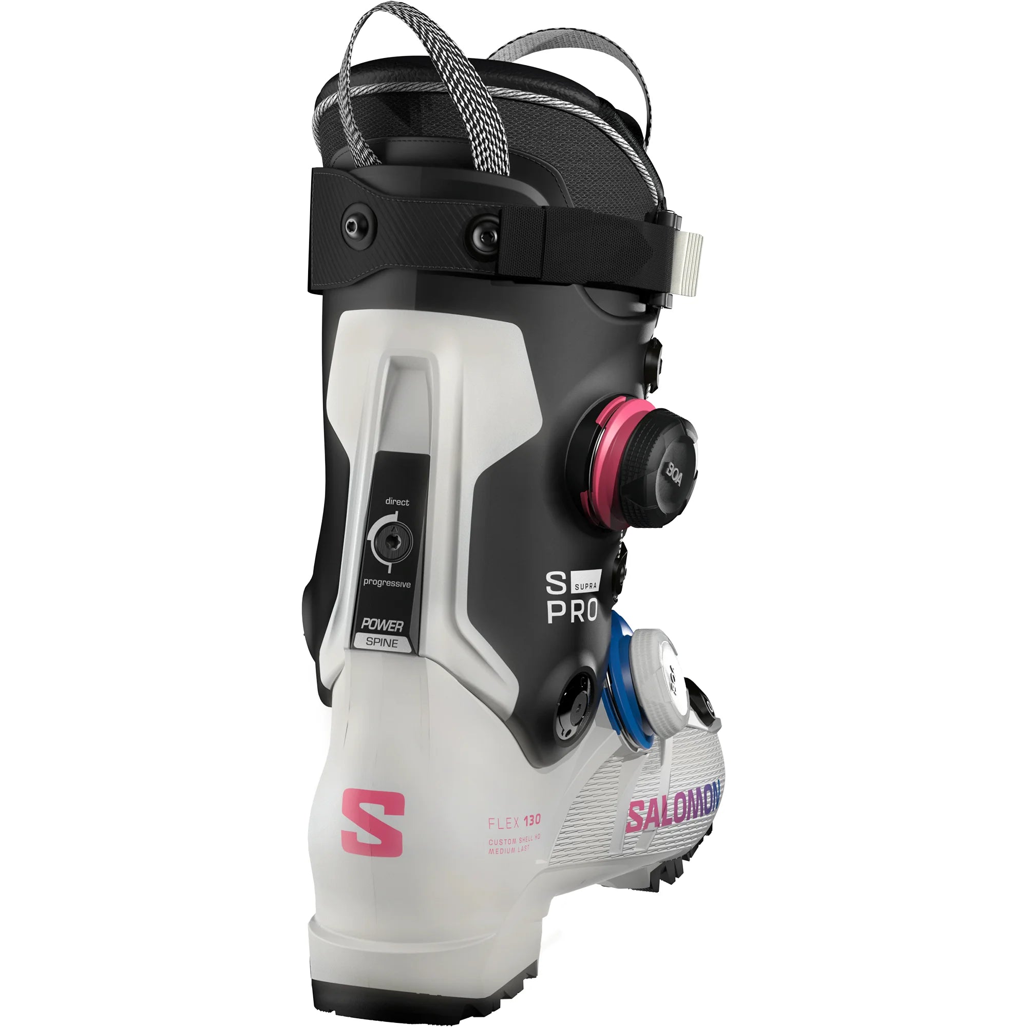 Salomon ski boot on a white background.