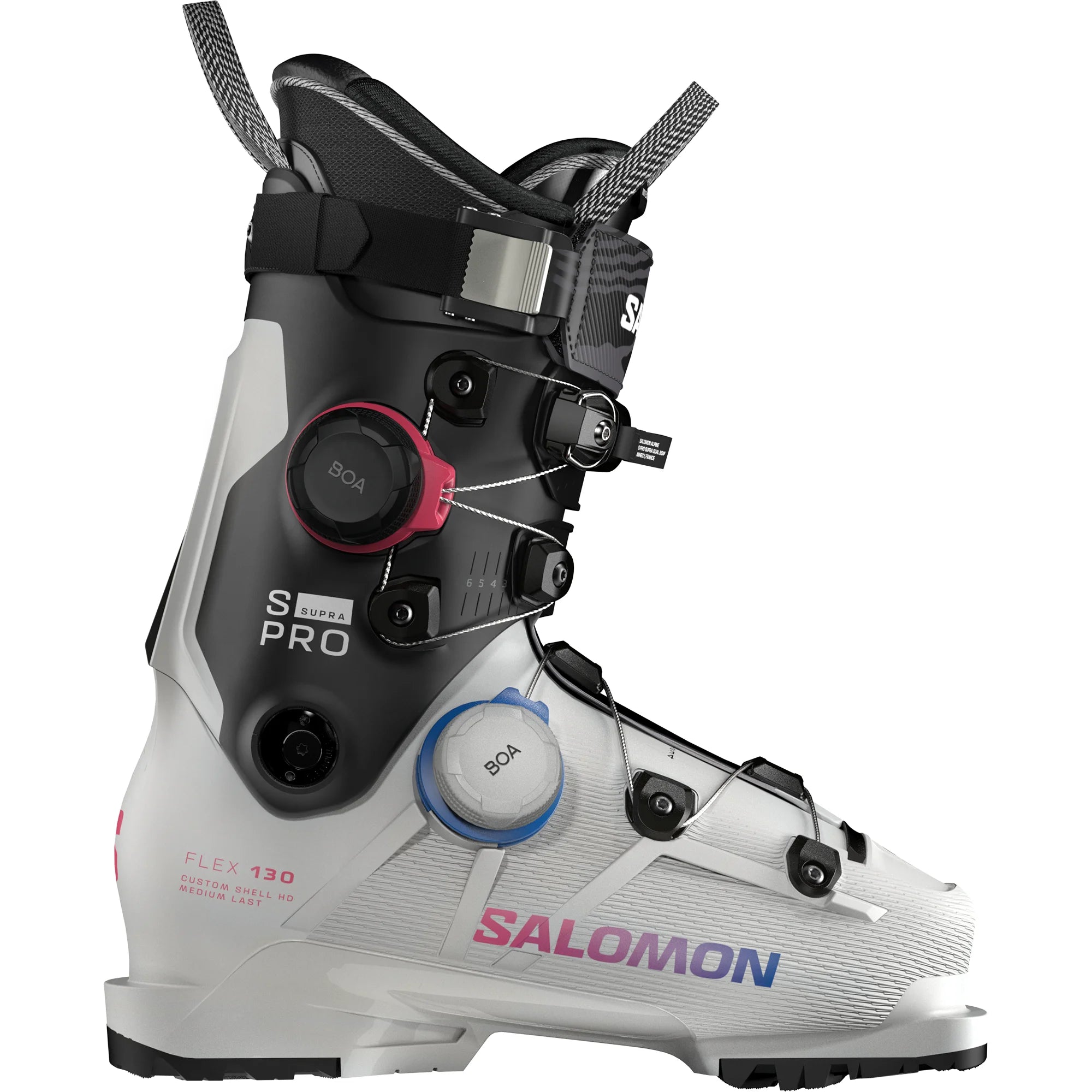 Salomon ski boot with white, black, and gray design on a white background