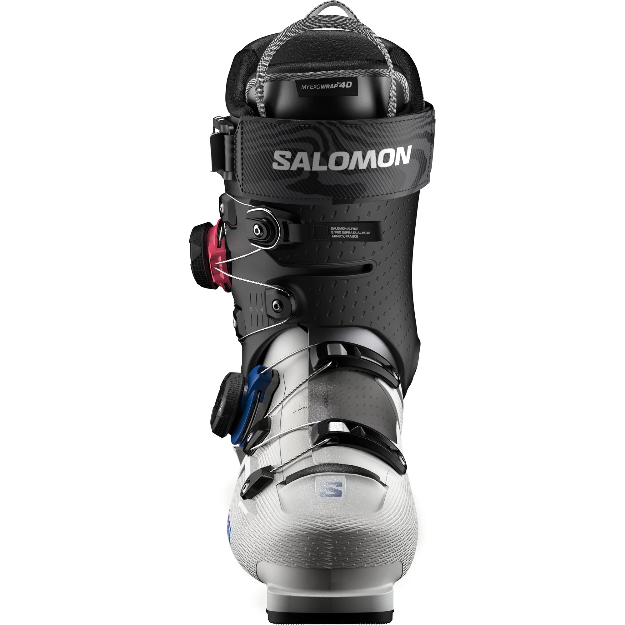 Salomon greay and white ski boot on a white background.
