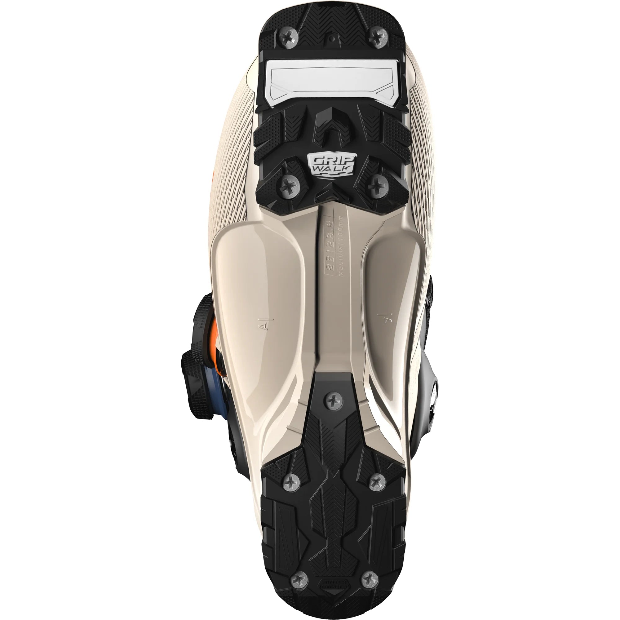 Close-up of a men's Salomon ski boot with a brand logo on a white background.