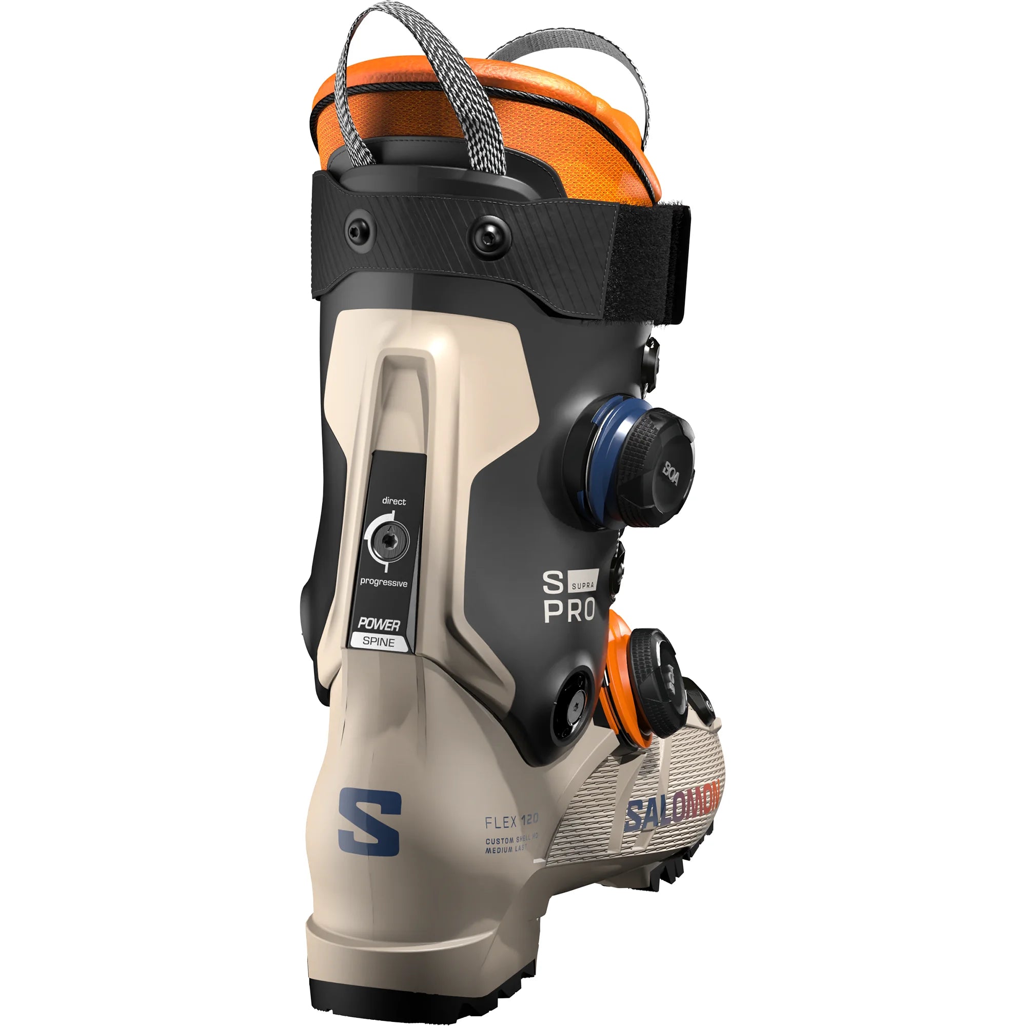 Ski boot with orange and black accents on a white background.