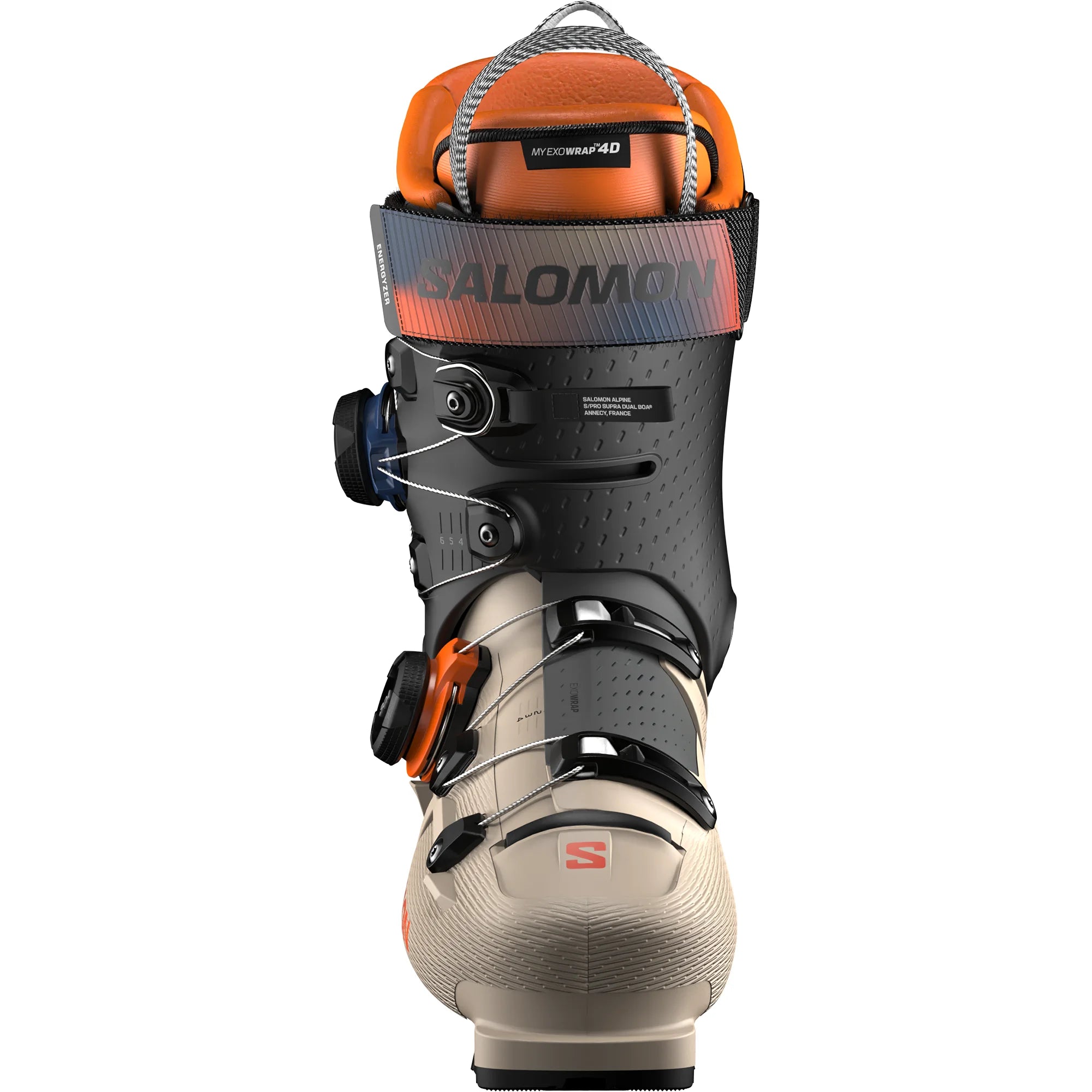 Salomon ski boot with 2 BOA fit systems on a white background.