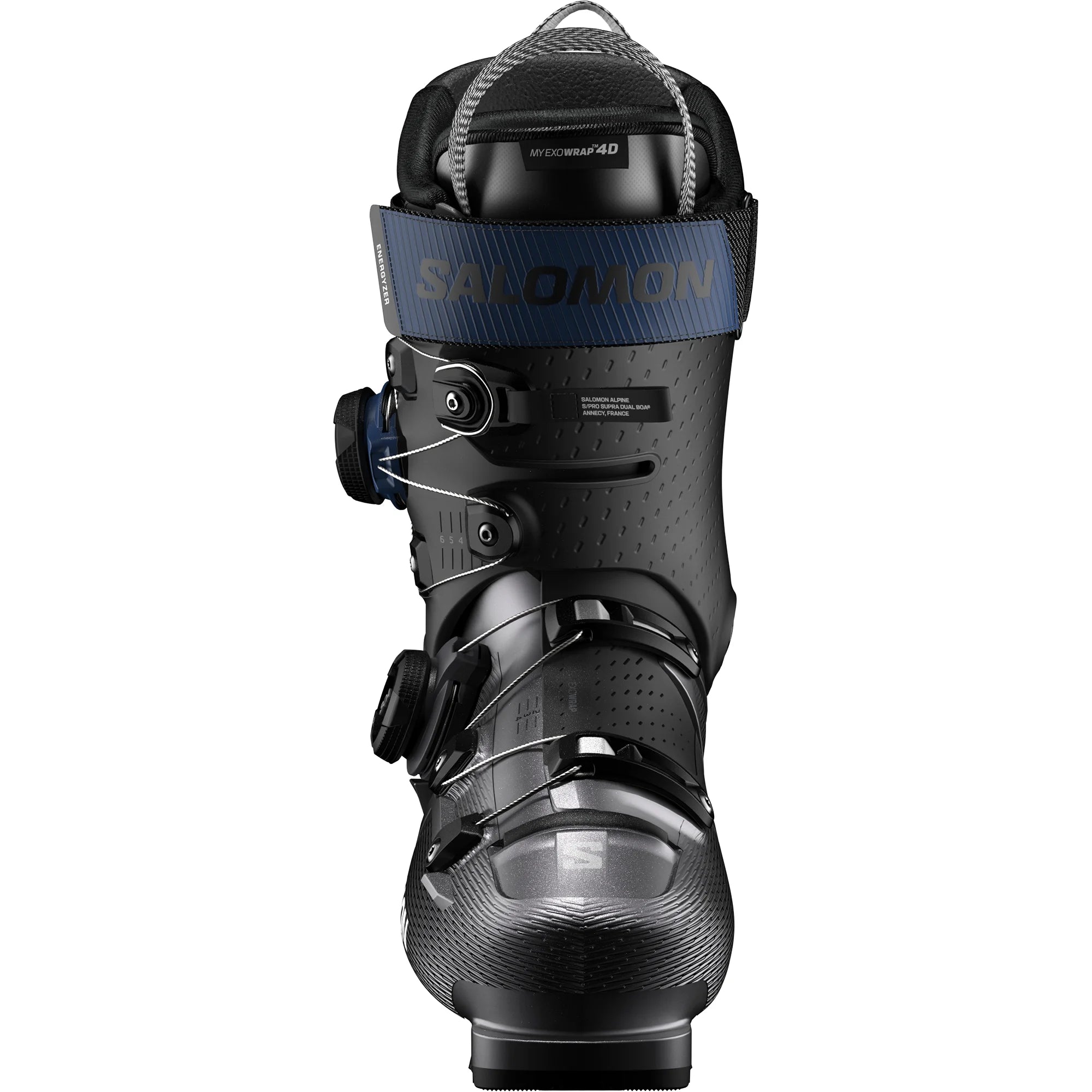 Black ski boot with a striped blue strap on a white background.