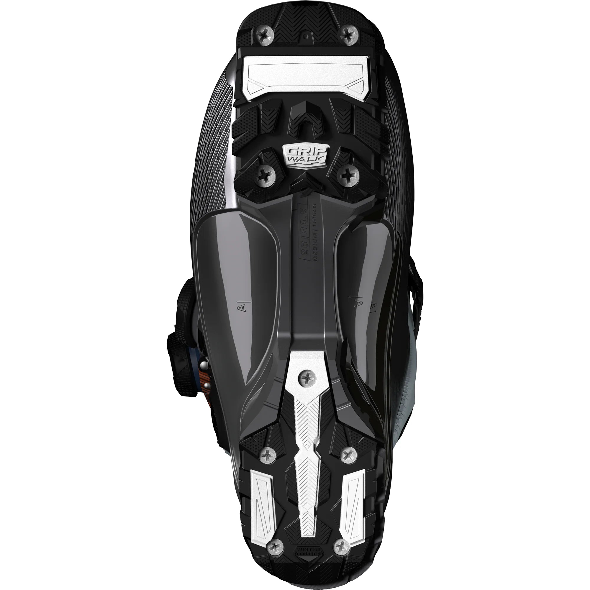 The reaplaceable soles of a men's black Salomon ski boot.