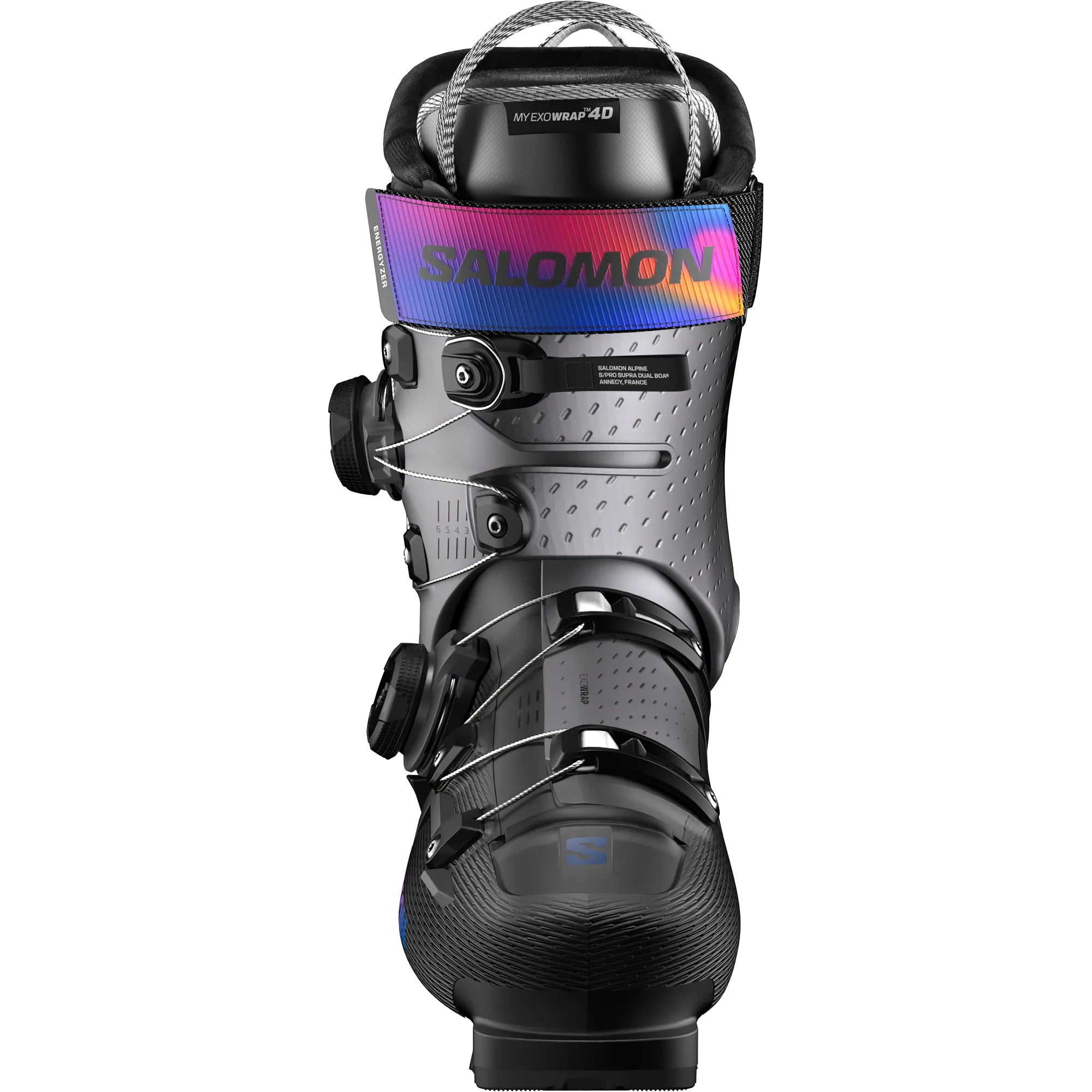 Salomon ski boot with a multicolored power strap on a white background.
