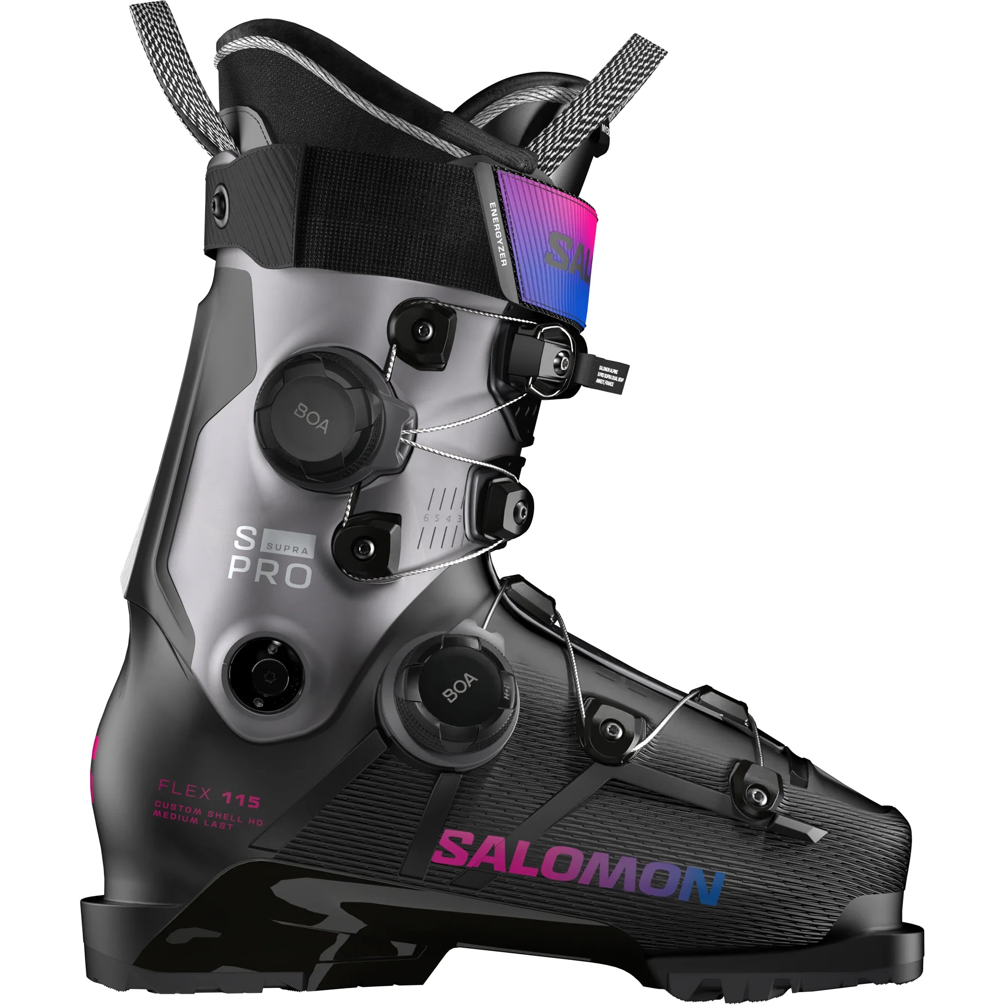 Women's Salomon ski boot with black and gray design on a white background.