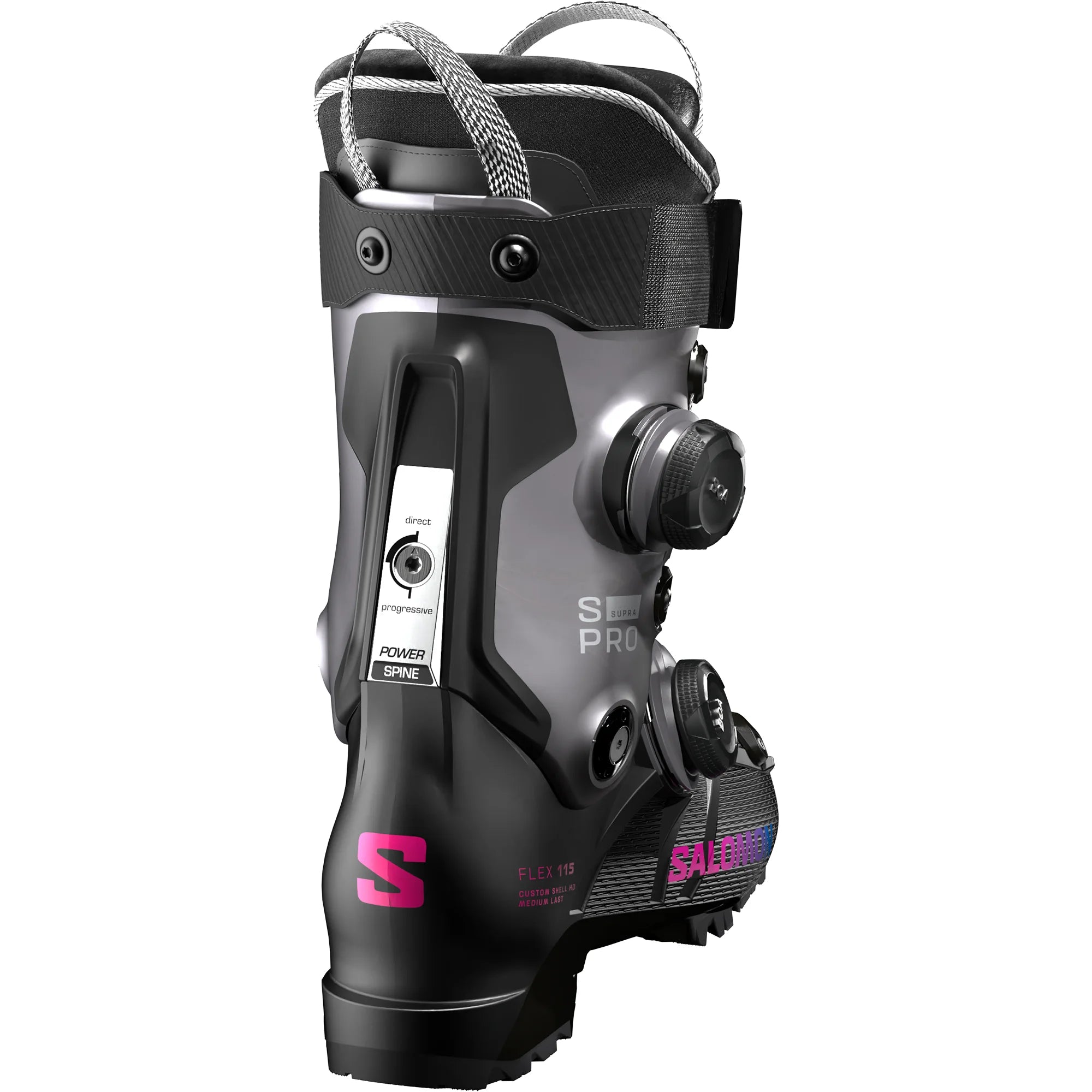 The back of the Salomon Dual Boa 115 ski boot has a Power Spine adaptor.
