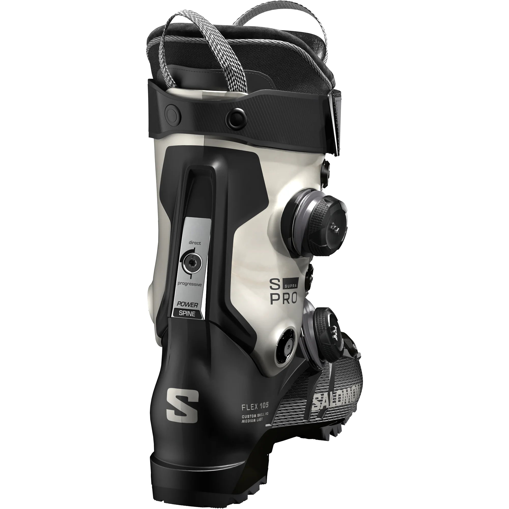 Black and white ski boot with Dual BOA with black dials.