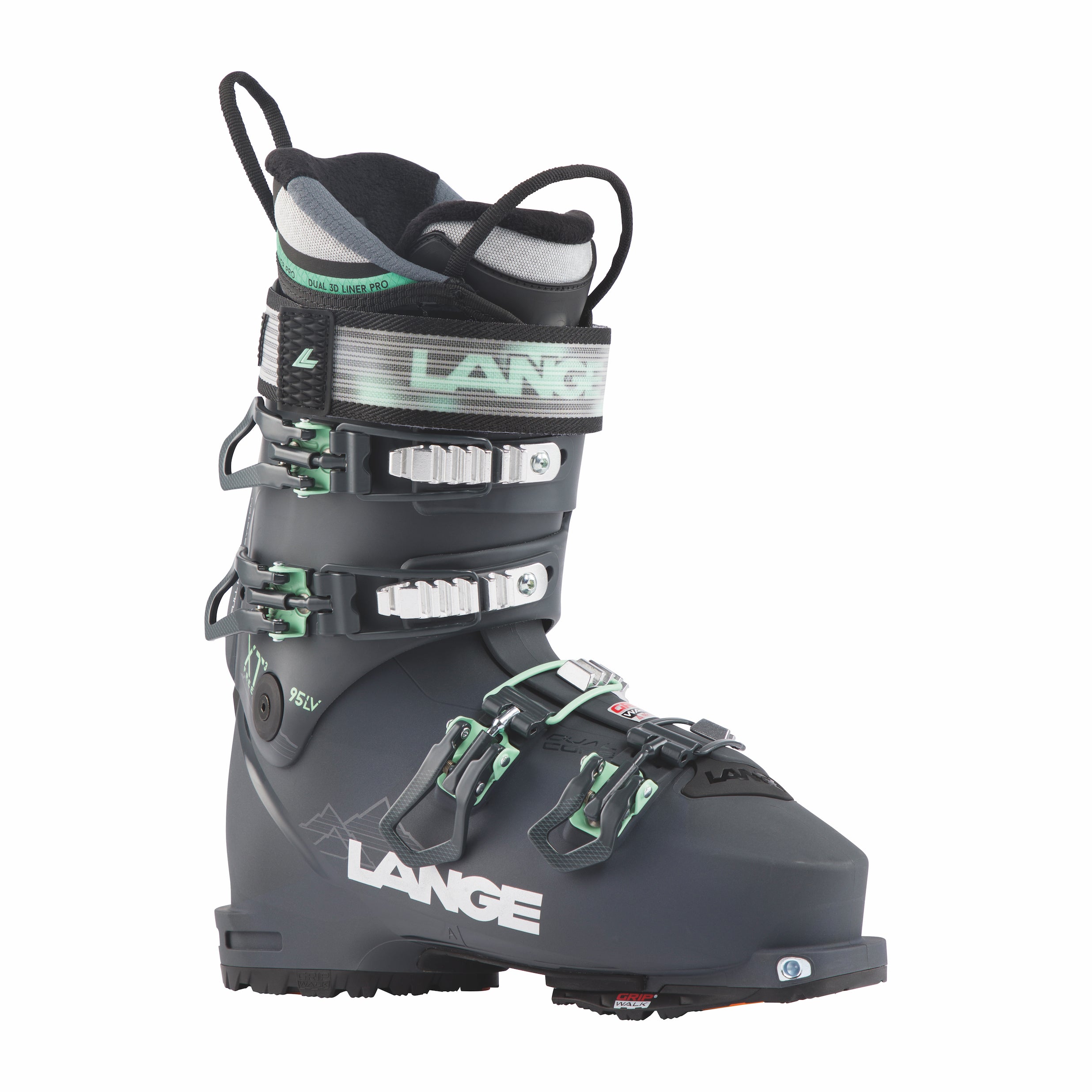 Women's Lange XT3 Free 95 LV ski boot, dark bluish grey with light blue accents and minimal mountain graphic designs.