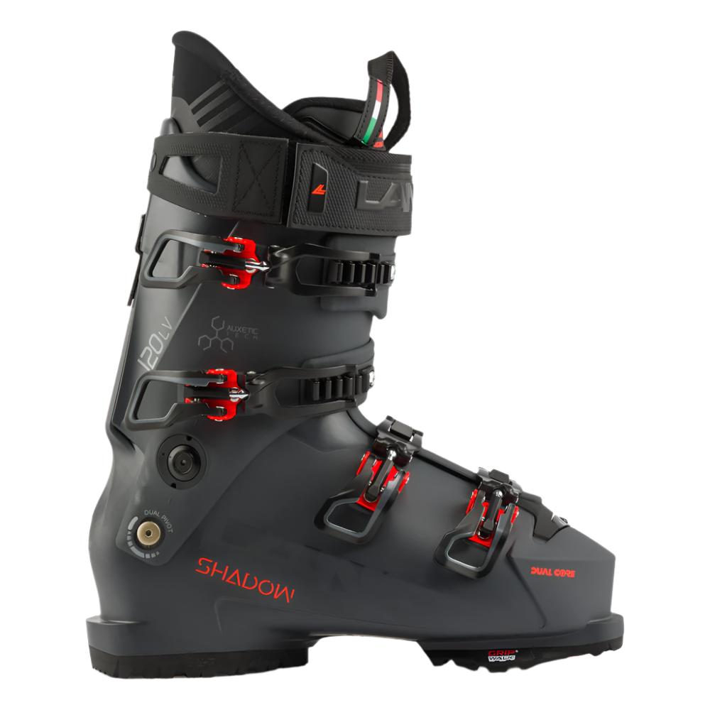 Men's Lange Shadow 120 LV ski boot, all dark grey with neon orange accents.