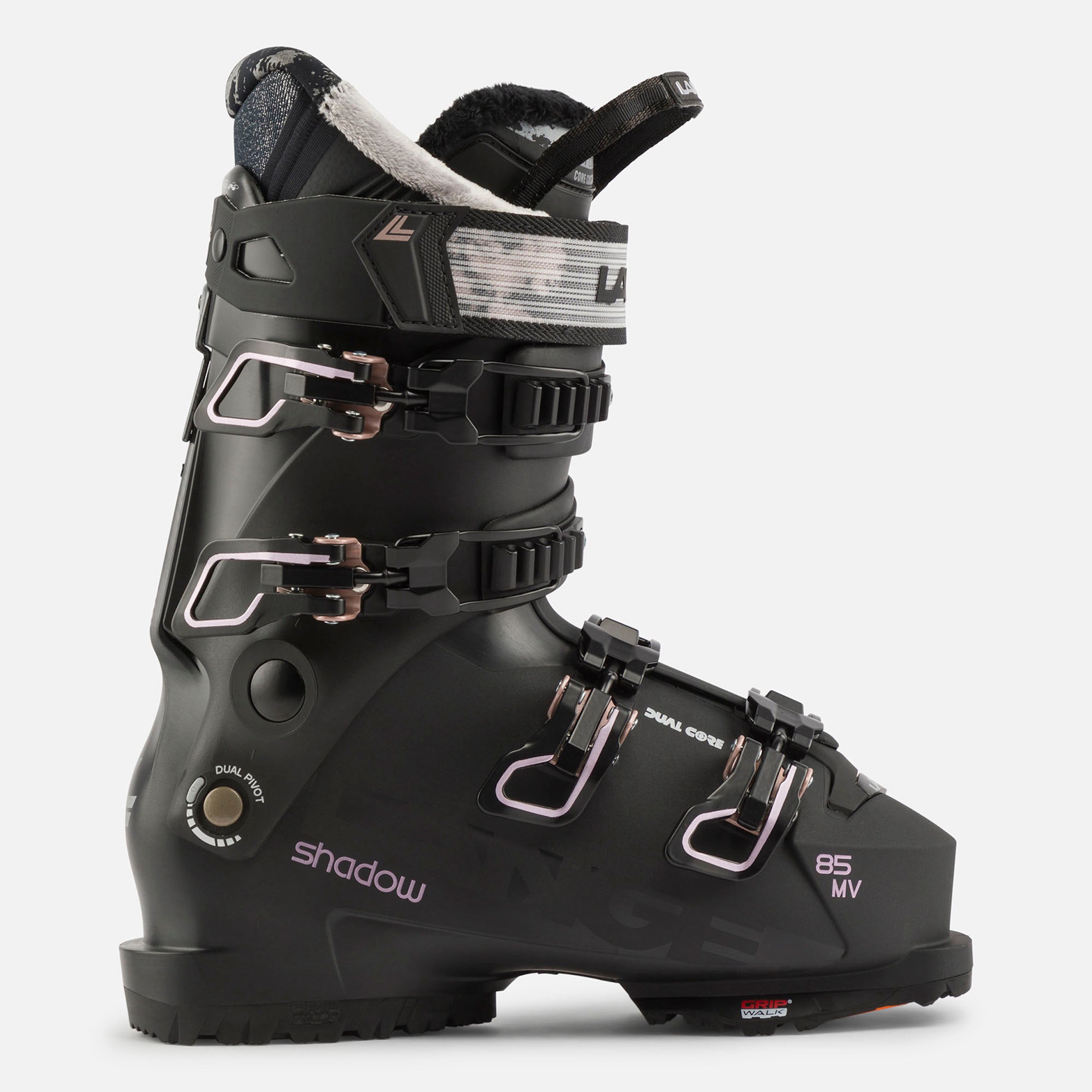 Women's Lange Shadow 85 MV ski boot, all black with light pink accents.