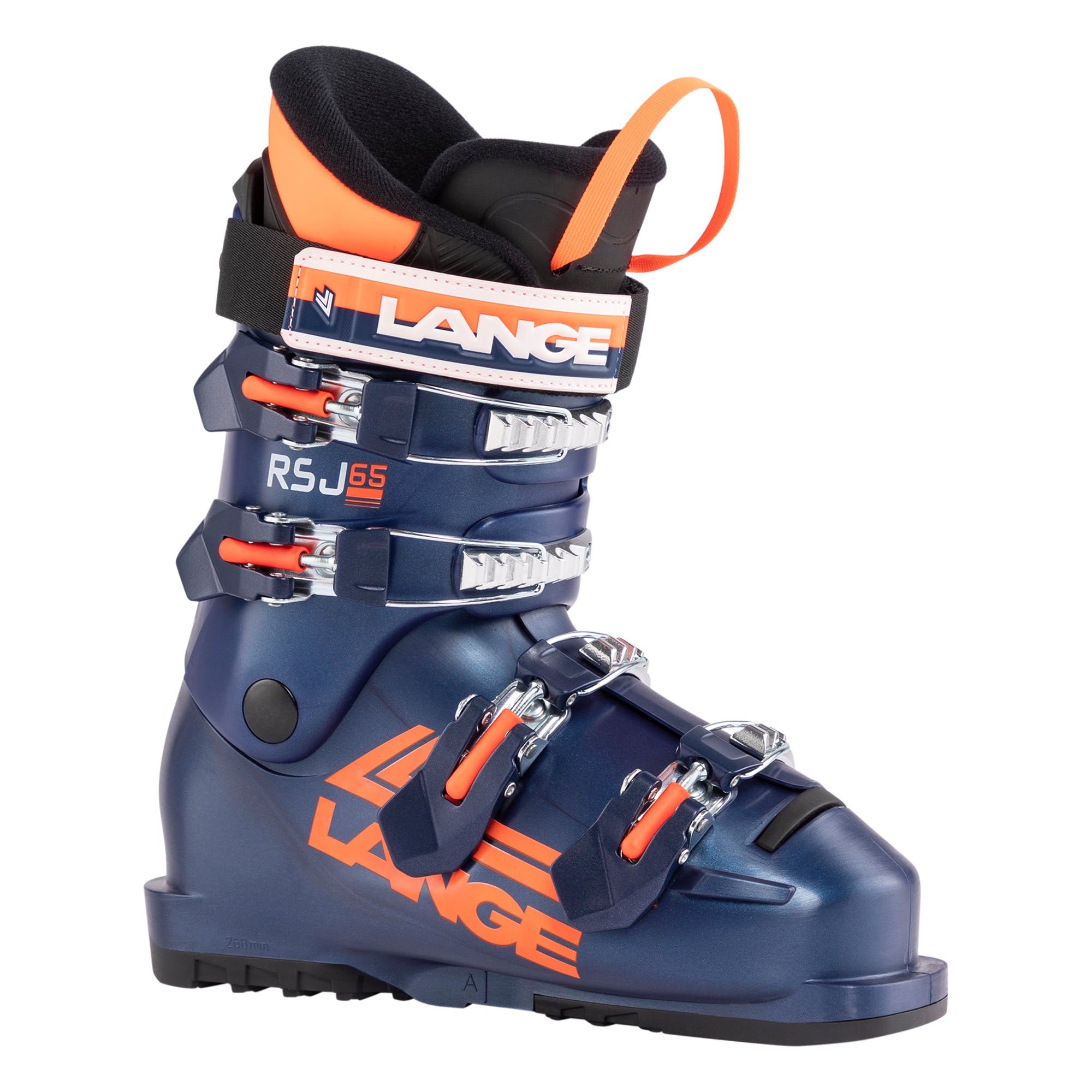 Junior Lange RSJ 65 ski boot, dark blue with orange accents.
