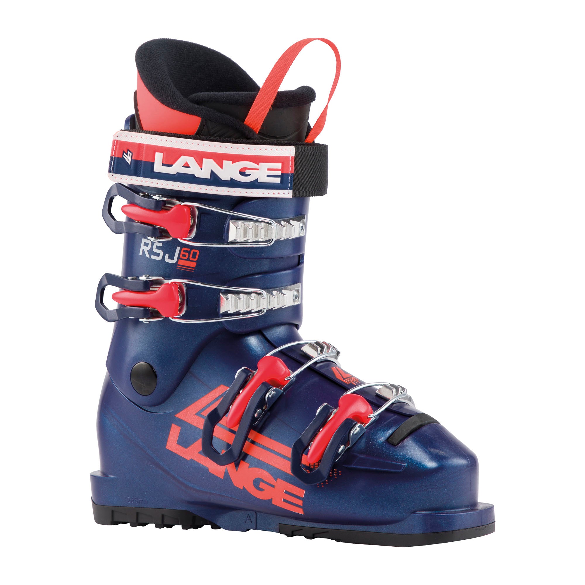 Junior Lange RSJ 60 ski boot, dark blue with neon red accents.