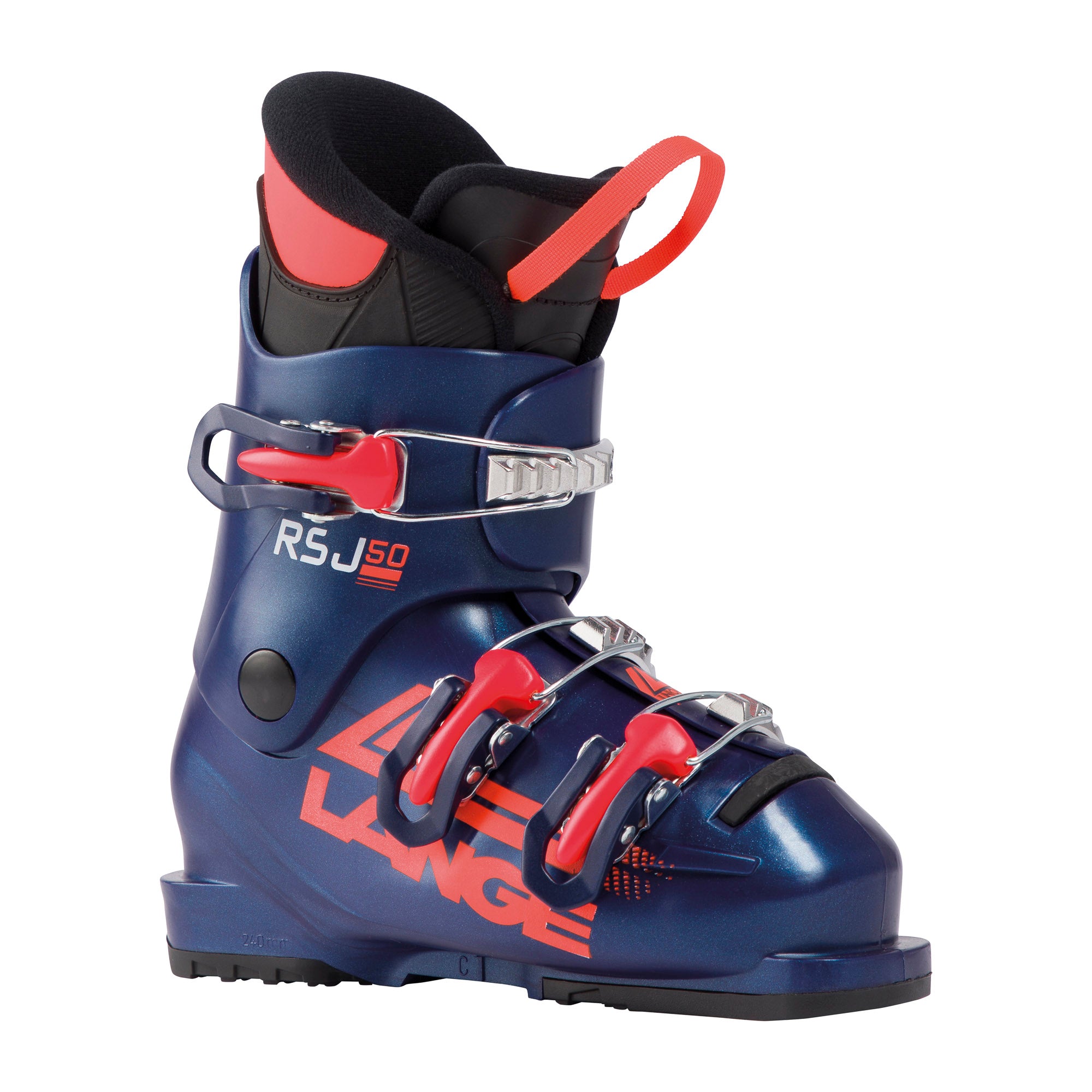 Junior Lange RSJ 50 ski boot, dark blue with neon red accents and 3 buckles.