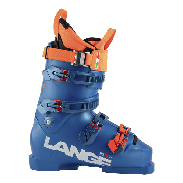 Blue ski boot with orange straps on a white background