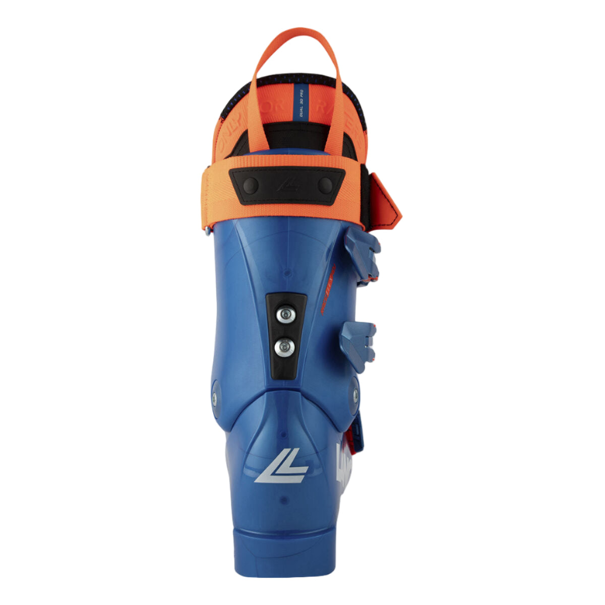 the spine on this blue boot has two riveted screws, as well as an orange power strap and orange liner peeking out the top.