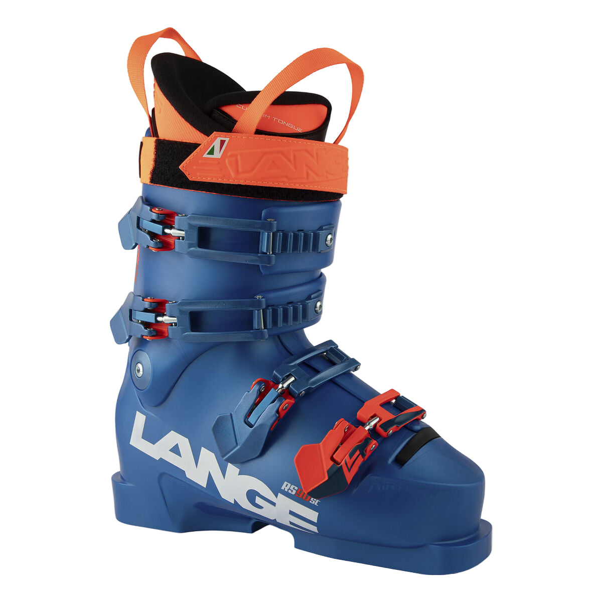 Blue ski boot with orange power strap and liner, and red accents on the buckles