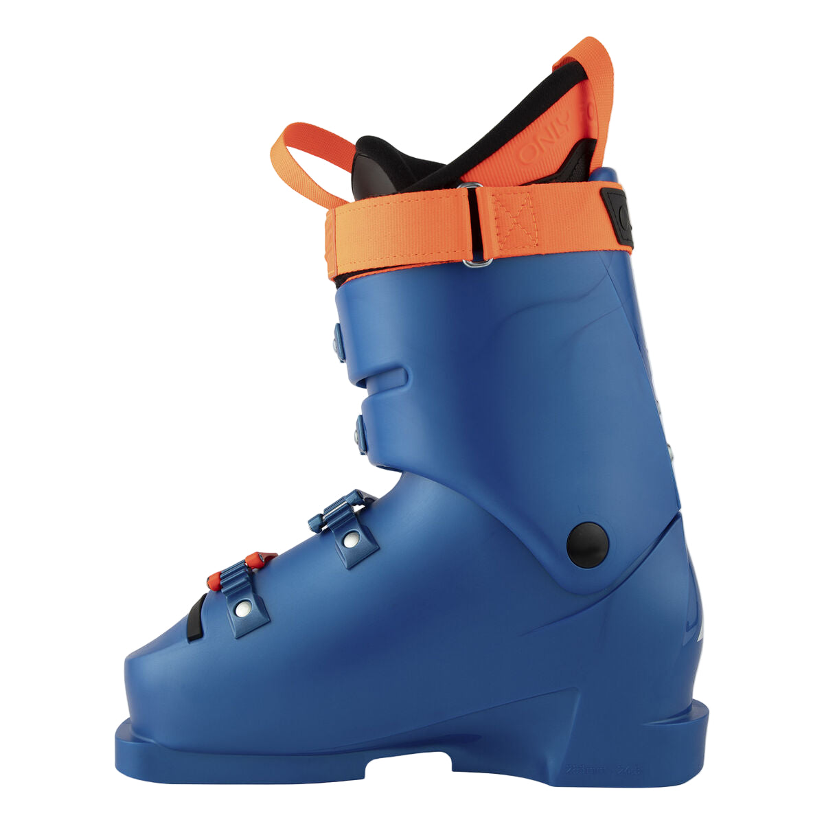 Blue Ski boot, the inside of the boot has a screw hinging the top and bottom cuff.