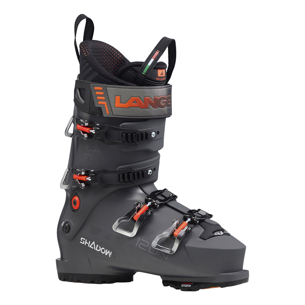 Gray ski boot with 4 buckles with orange accents