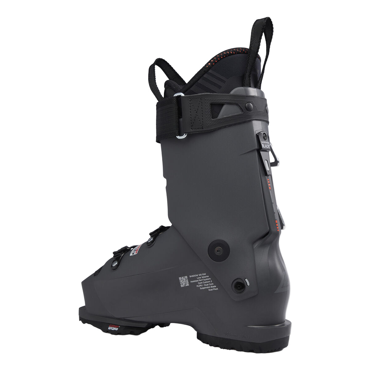 Dark gray ski boot with a screw hinging the top and bottom cuffs together