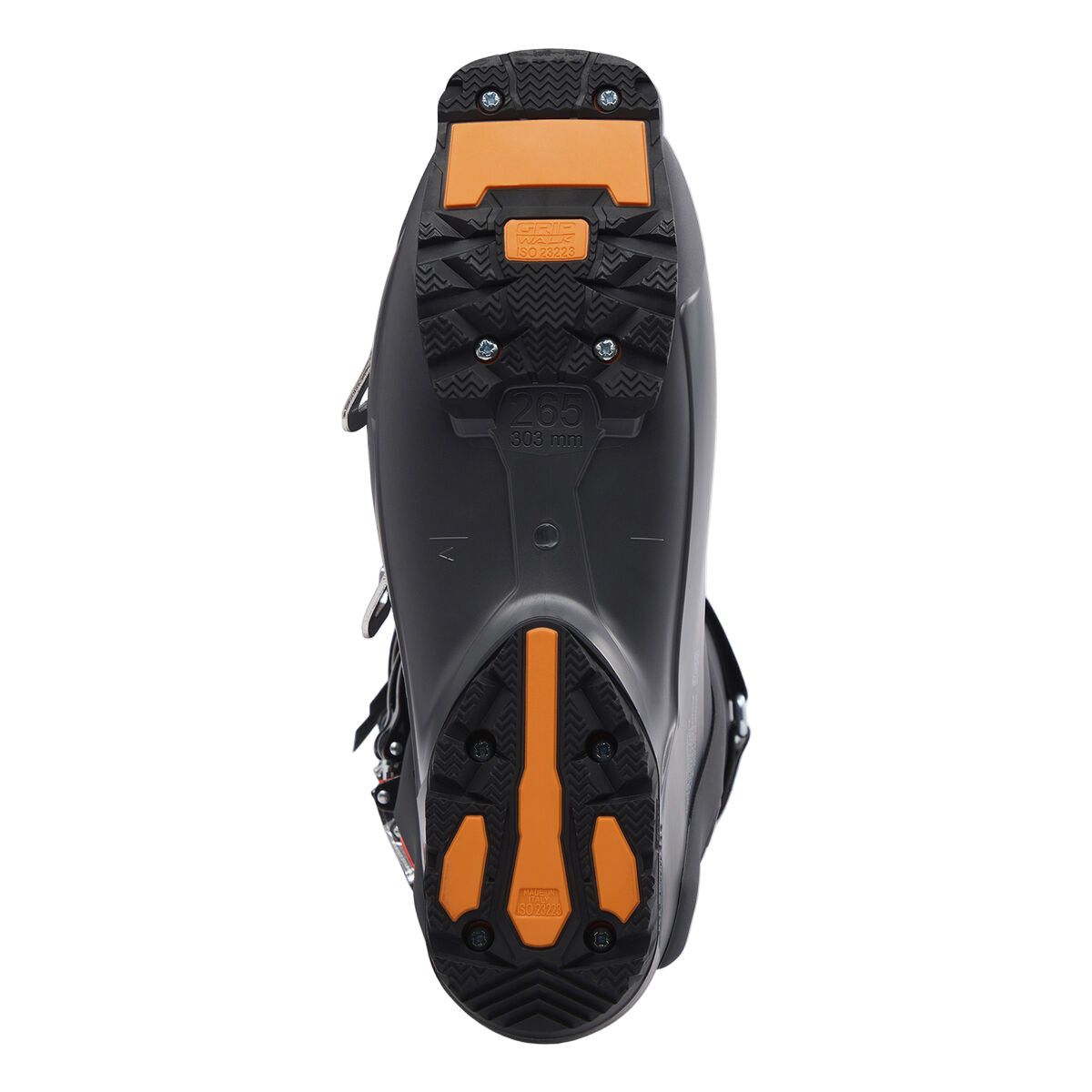 The ski boot sole is gripwalk black with orange accents