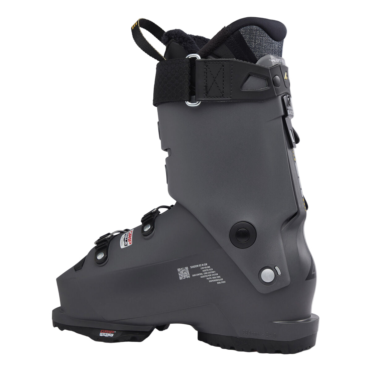 the inner part of the ski boot is all grey, with a screw that hinges the top and bottom cuff together.