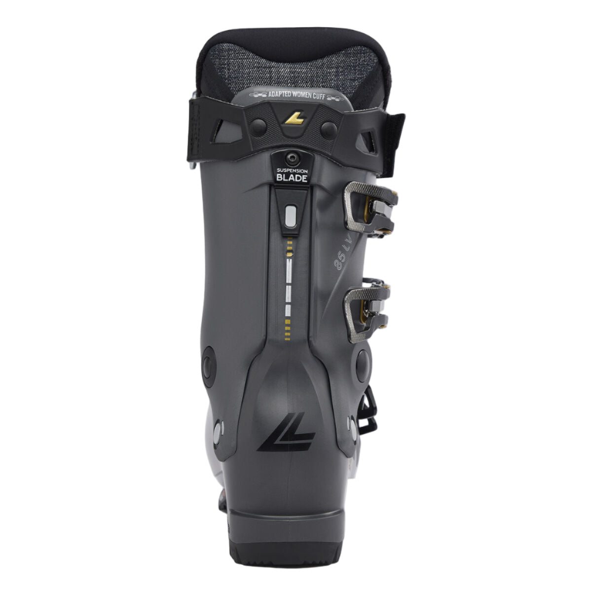 The Spine of the Shadow 85 LV boot is dark grey with a suspension blade, and a black power strap.