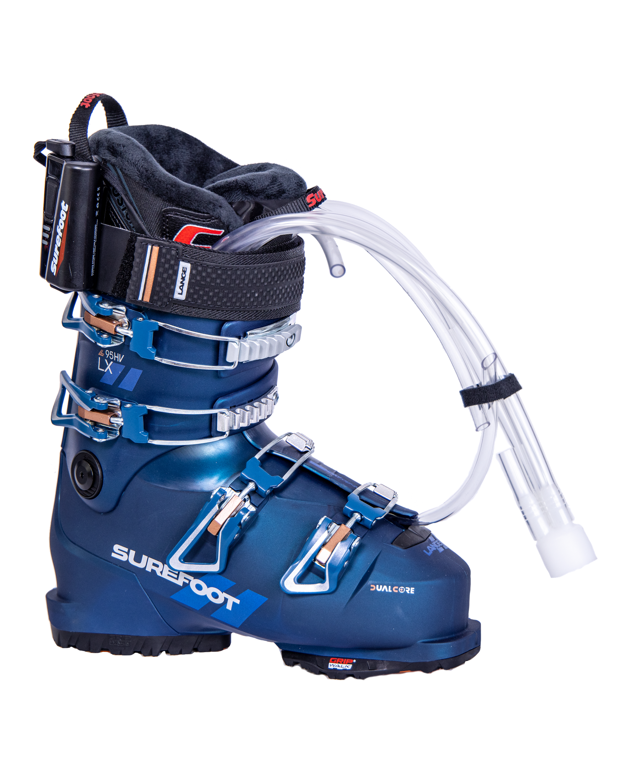 Surefoot Lange LX 95 HV matte blue ski boot shell with gold accents on buckles and Lange logo in small letters on power strap. Surefoot logo in white. Plastic tubes coming out for Surefoot memory foam injection into shell lining. Winterheat ski boot heater attached to outside edge.