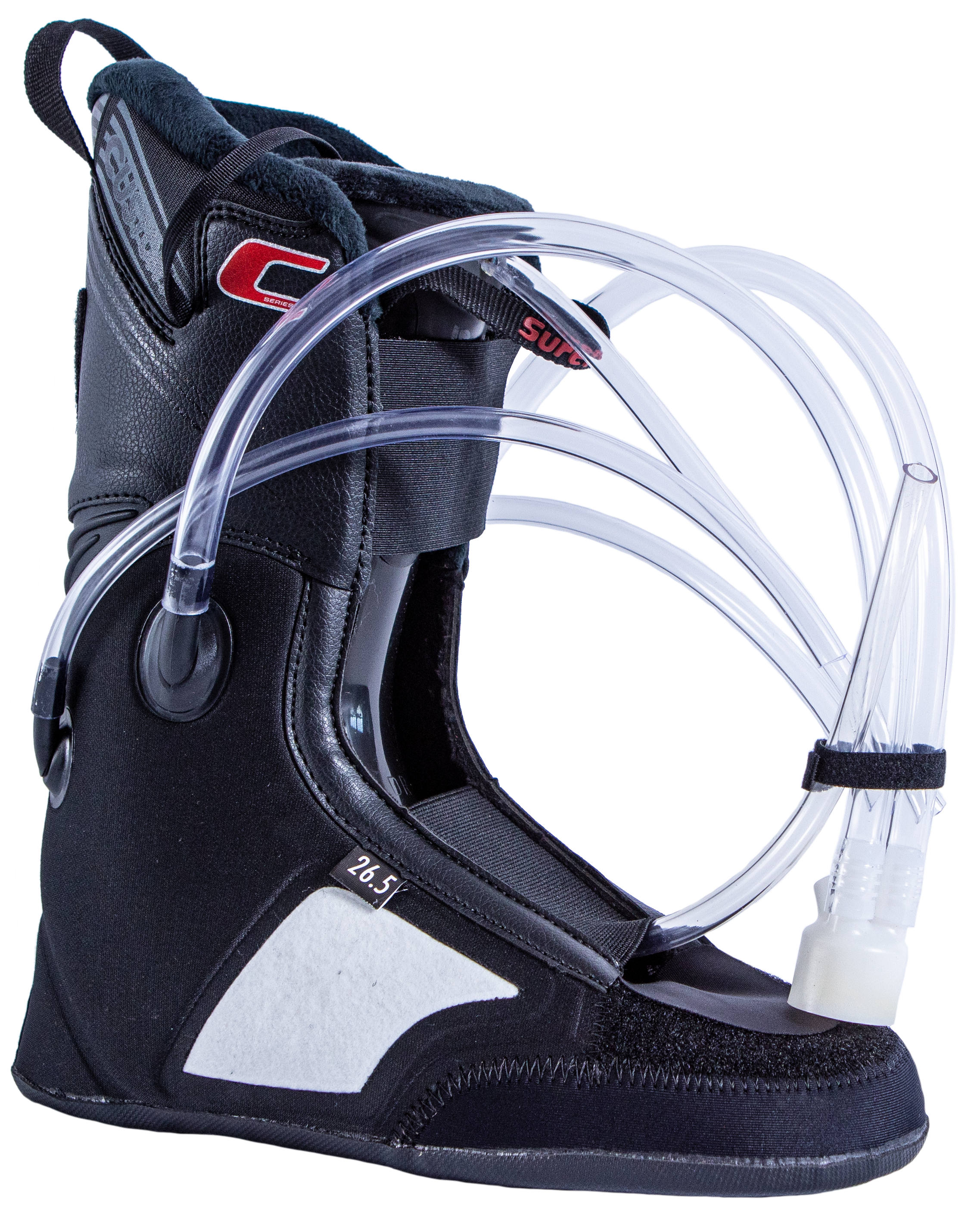 Surefoot Contoura C Heat Custom Foam Injected Ski Boot Liner. Black liner with red 'C' and plastic tubes coming out of the sides and tongue for memory foam injection. Heater battery cord for battery connection on the outside edge.