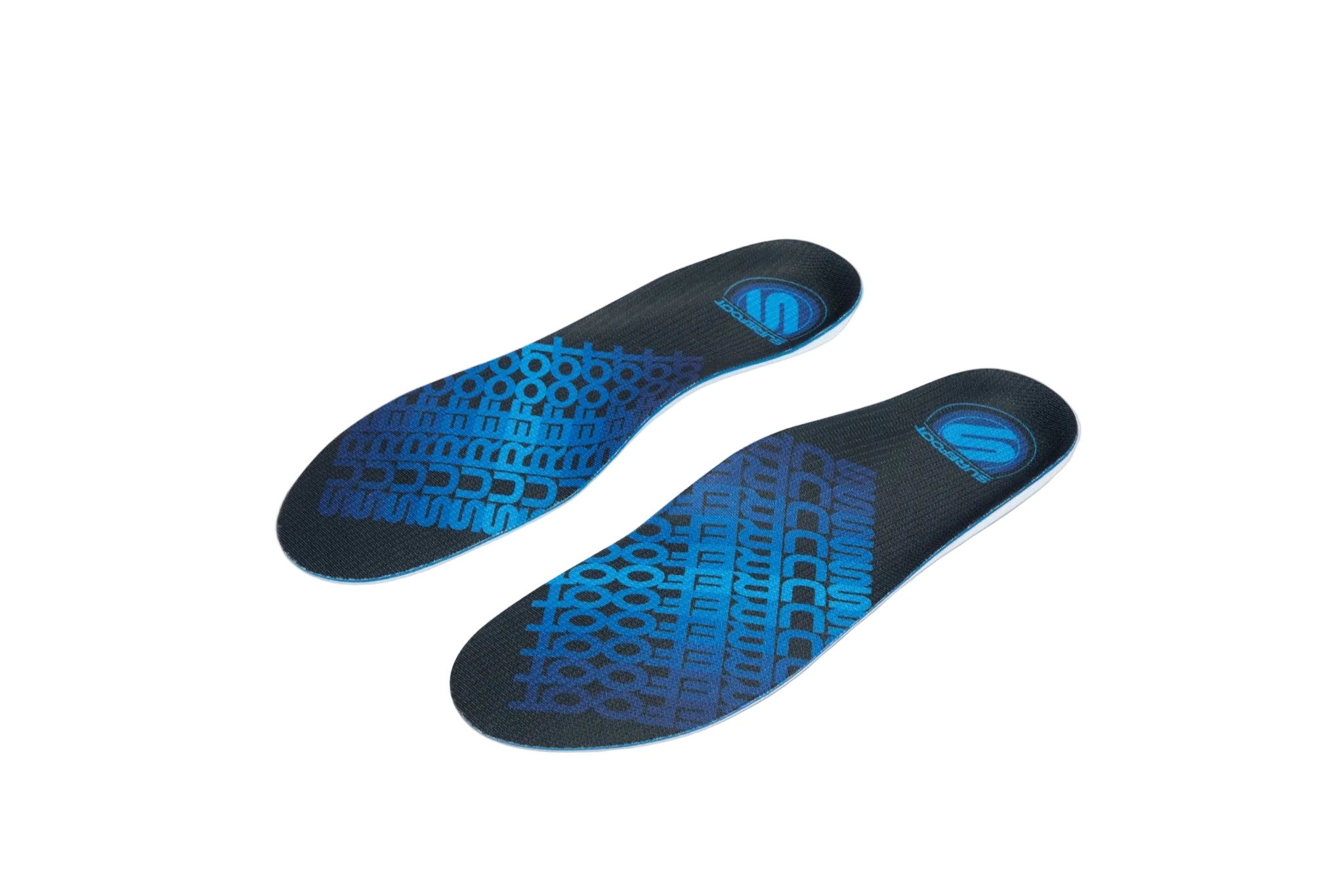 Pair of black and blue shoe insoles on a white background