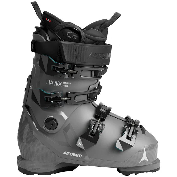 Gray ski boot with Atomic branding on a white background